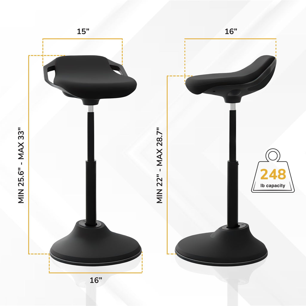 Ergonomic Sit Stand Stool, Height Adjustable Leaning Chair for Standing Desk, 360° Tilting Active Sitting Seat, High-Density Foam Cushion, Non-Slip Weighted Base, Easy Assembly (Black)