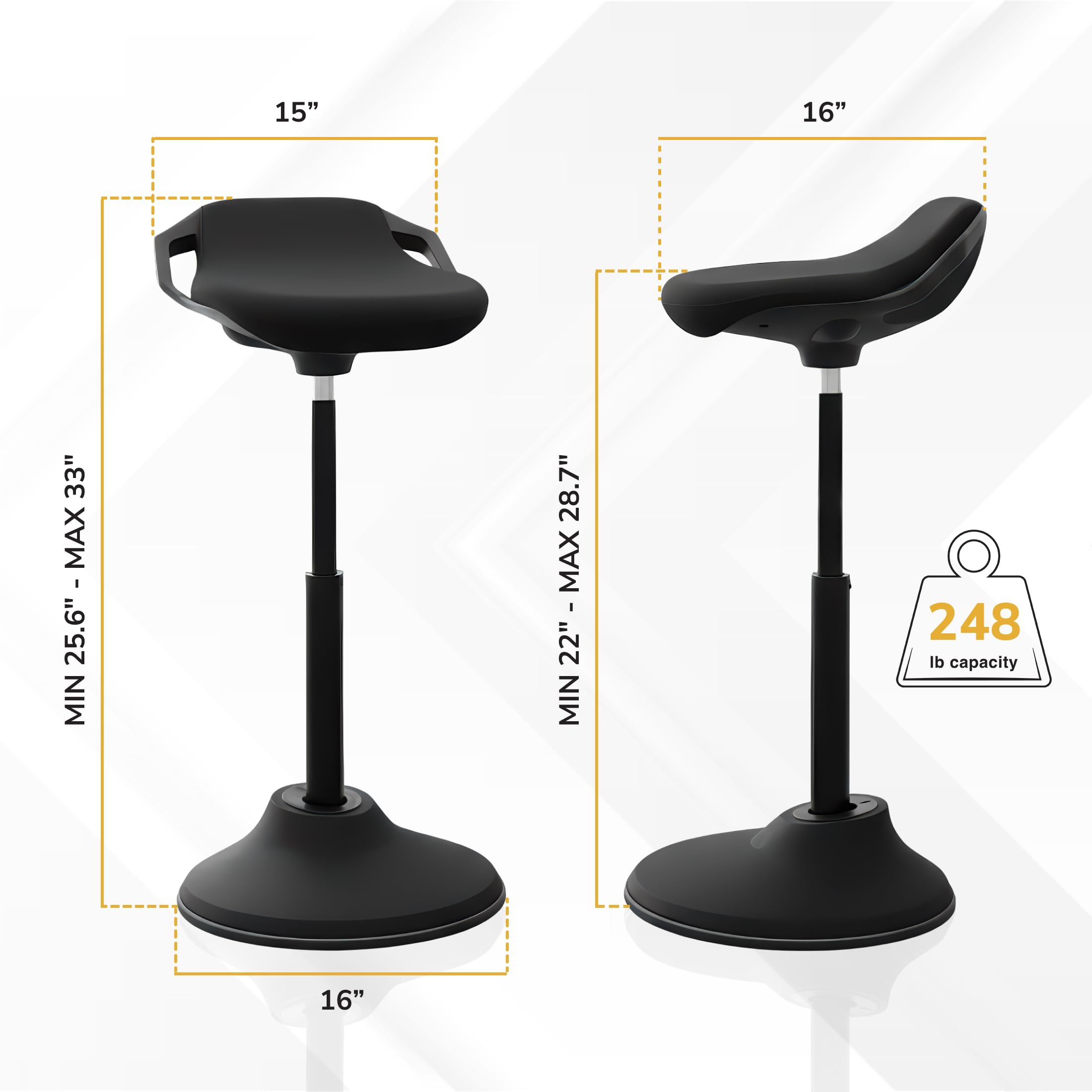 Ergonomic Sit Stand Stool, Height Adjustable Leaning Chair for Standing Desk, 360° Tilting Active Sitting Seat, High-Density Foam Cushion, Non-Slip Weighted Base, Easy Assembly (Black)