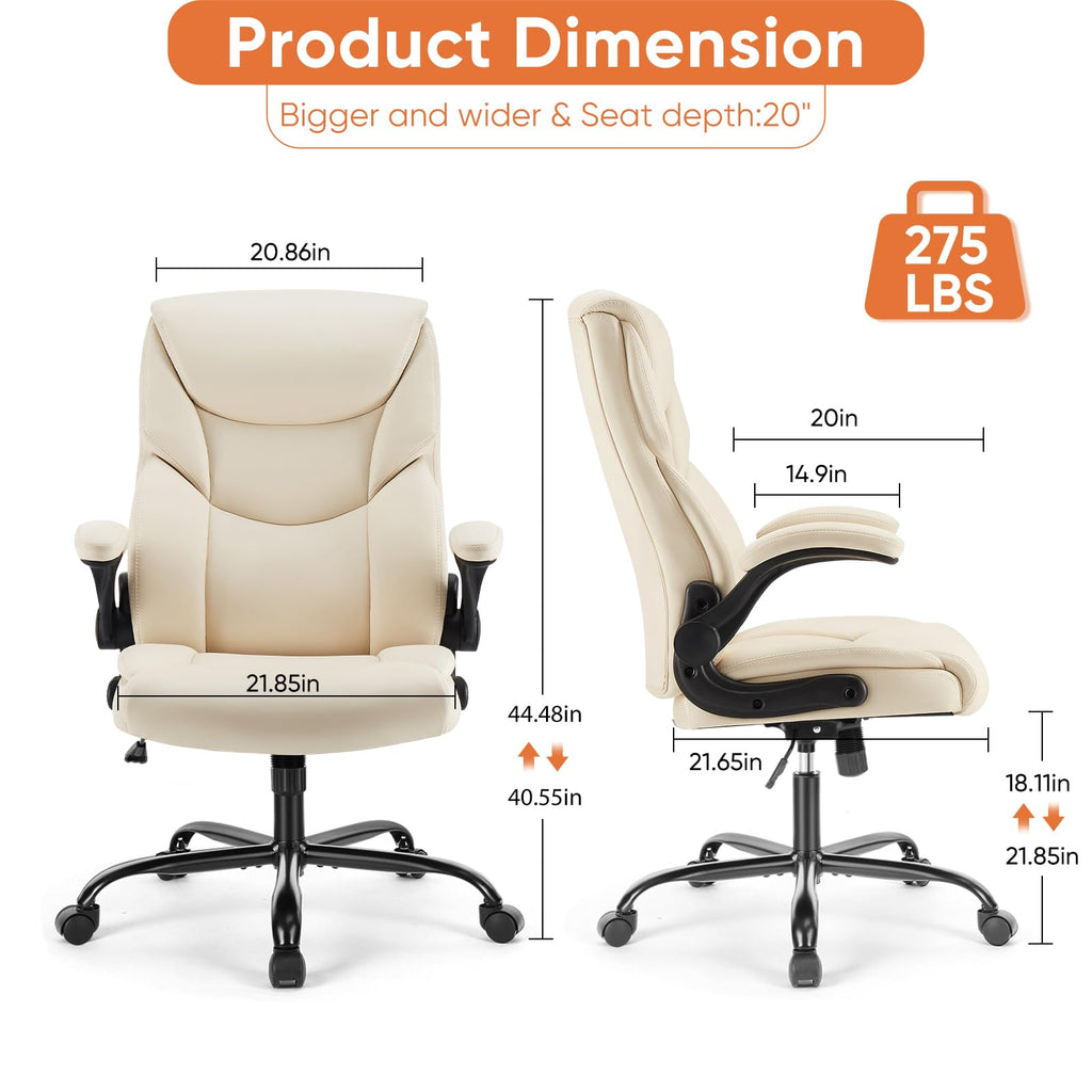 Ergonomic Office Chair - Heavy Duty Task Desk Chair with Flip-up Armrest, PU Leather, Height Adjustable & Swivel Rolling Chair with Wheels, Beige