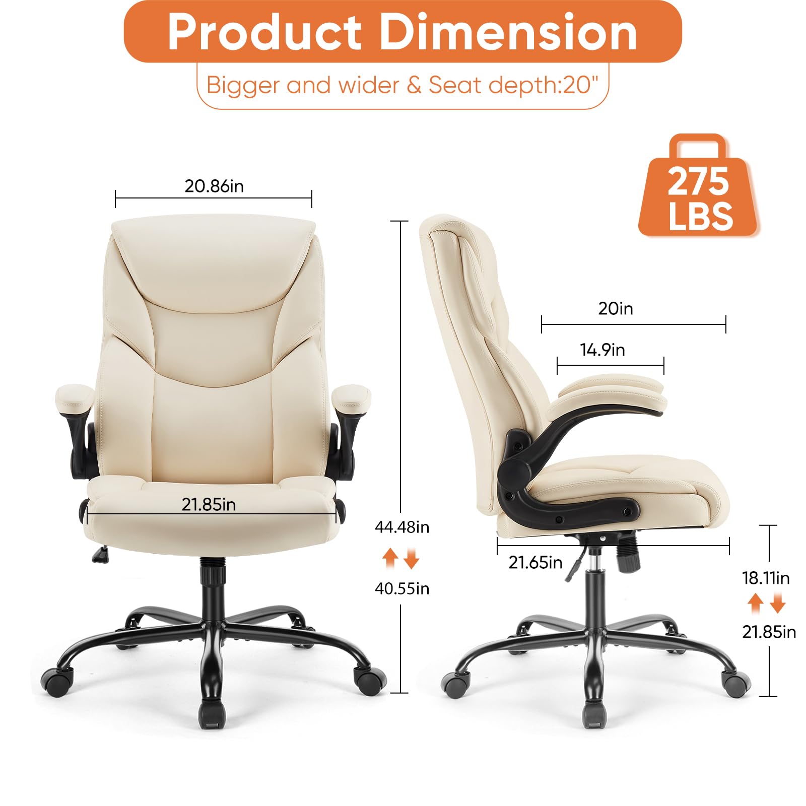 Set of 2, Ergonomic Computer Gaming Office Chair  Heavy Duty Task Desk Swivel Rolling Chairs with Wheels, Flip-up Arms, Adjustable Height, PU Leather,Cream White