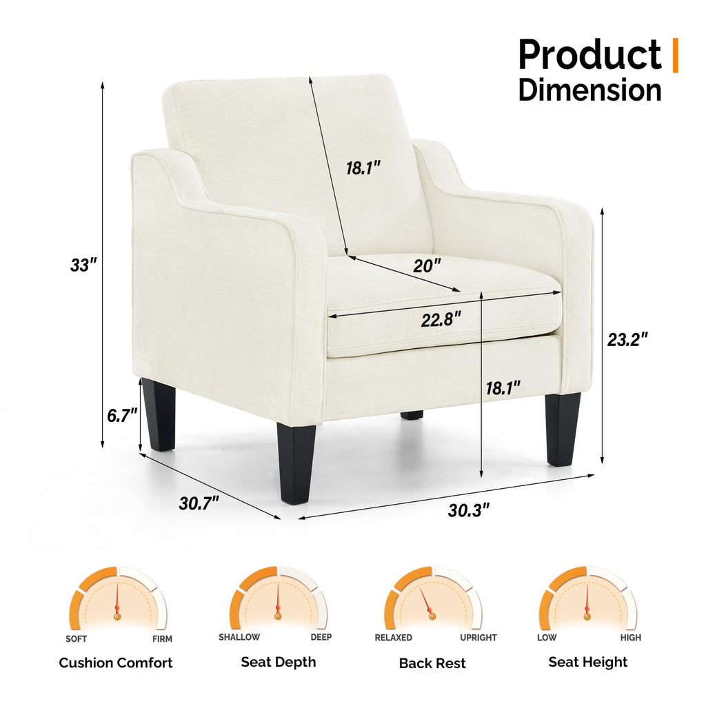 White Accent Chair Soft Chenille Comfy Arm Chair Mid Century Modern Sofa Chair for Small Spaces Bedroom, Office, Apartment, Lounge (Creamy White)