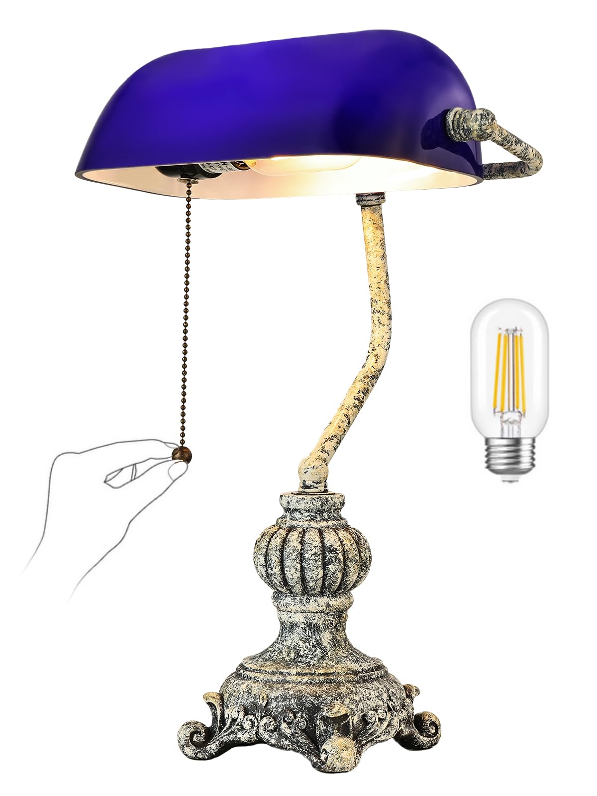 Retro Blue Glass Bankers Desk Lamp,LED Bulb Included