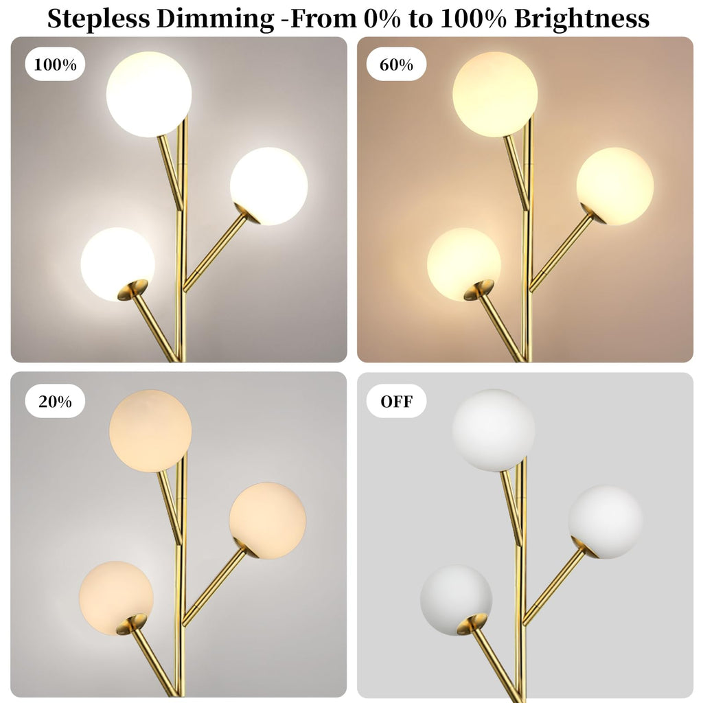 70in Gold 3-Globe Mid Century Dimmable Floor Lamp for Living Room G9 LED Bulbs Included,Modern Standing Lamp with Frosted Glass Shade for Bedroom,Studyroom Antique Brass Lighting(dimmer-Gold)