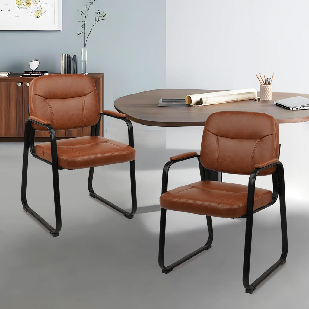 2 Pack, Waiting Room Guest Chair with Bonded Leather Padded Arm Rest for Office Reception and Conference Desk Black with Sled Base Brown