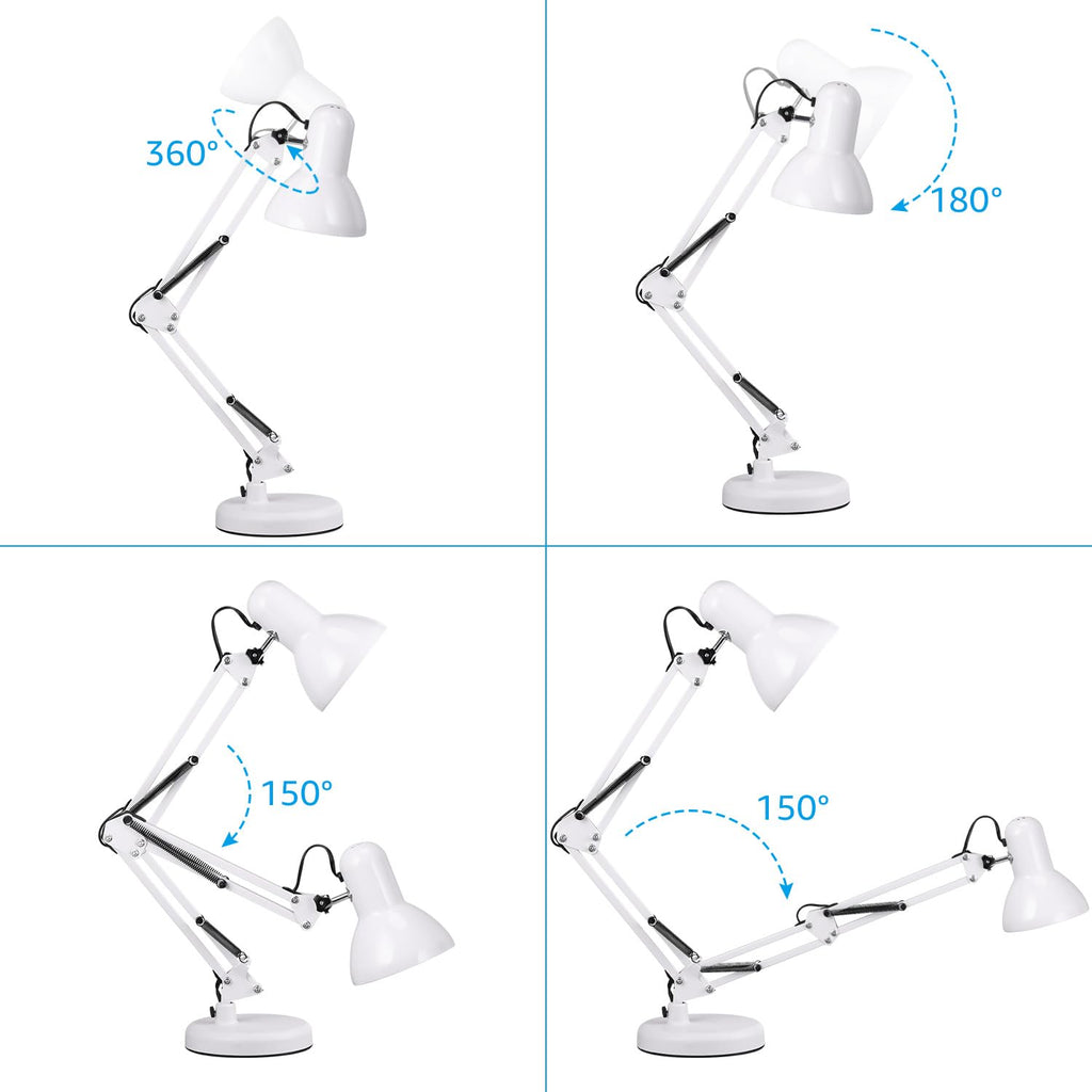 Metal Desk Lamp with Clamp, Swing Arm, Architect Adjustable Gooseneck Table Lamp, Clip Desk Lights for Home Office, Work, Study, Reading, E26 Base, Multi-Joint, White
