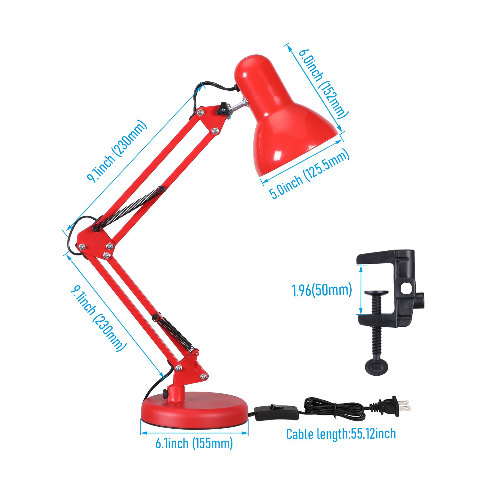 Metal Desk Lamp with Clamp, Swing Arm, Architect Adjustable Gooseneck Table Lamp, Clip Desk Lights for Home Office, Work, Study, Reading, E26 Base, Multi-Joint, Red