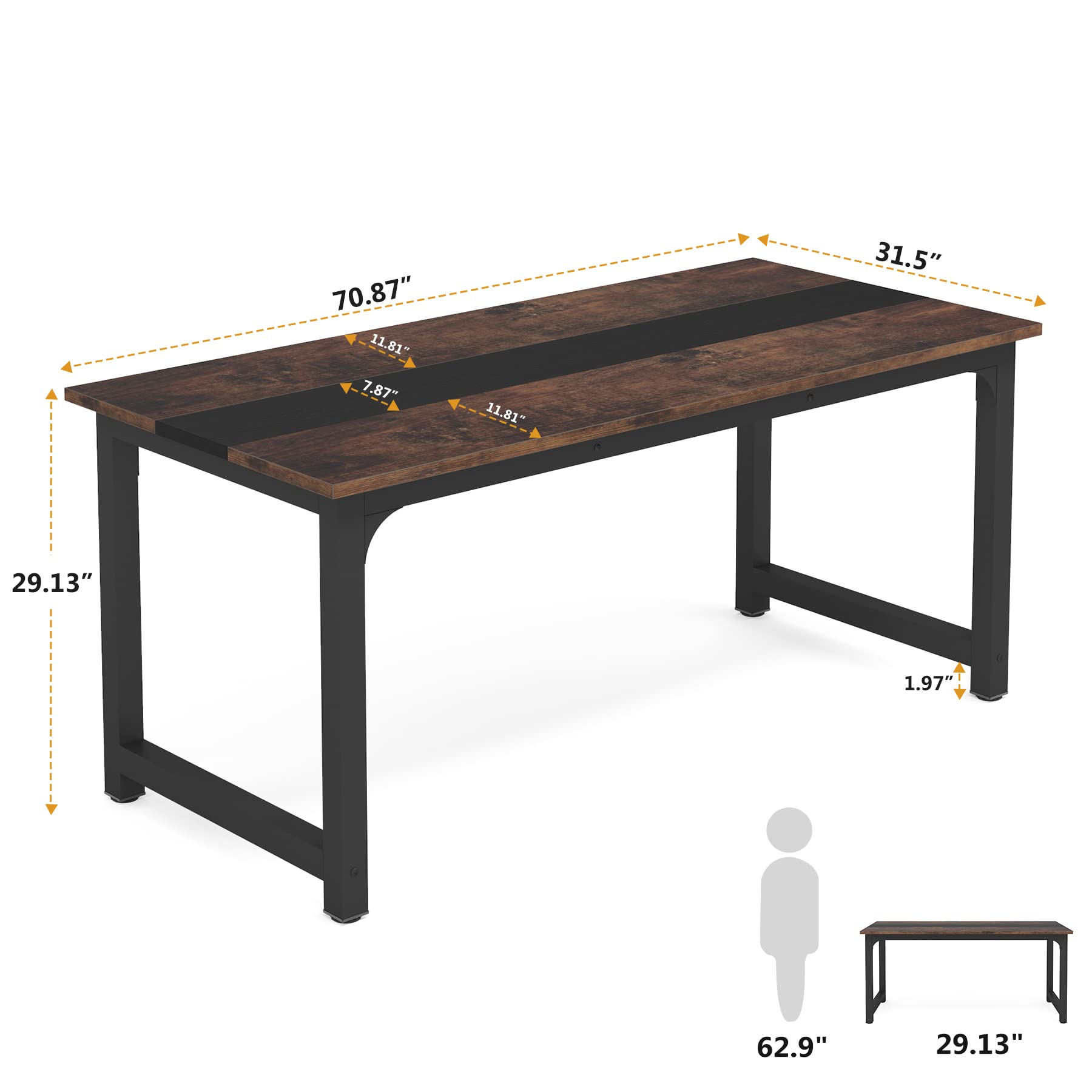 70.8”Executive Desk, Large Office Computer Desk with Thicken Frame, Modern Simple Workstation Business Furniture for Home Office, Vintage Brown/Black