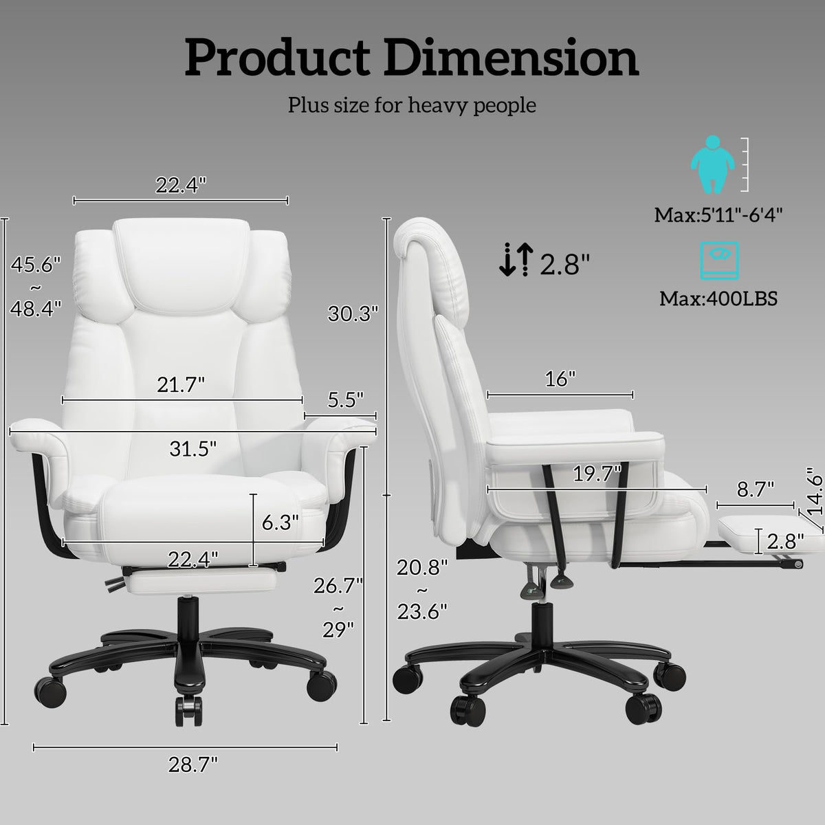 160 Reclining Office Chair with Footrest, Big & Tall Desk Chair, White