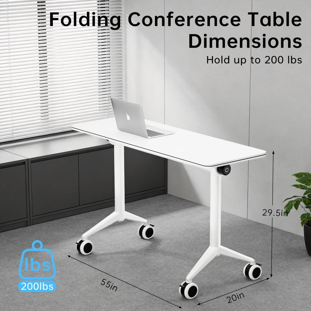 55″ Flip Top Training Table with Lockable Wheels, Mobile Nesting Folding Conference Table, Space Saving Seminar Desk for Classroom, Office, Library (8, White, 55"×20"×30")