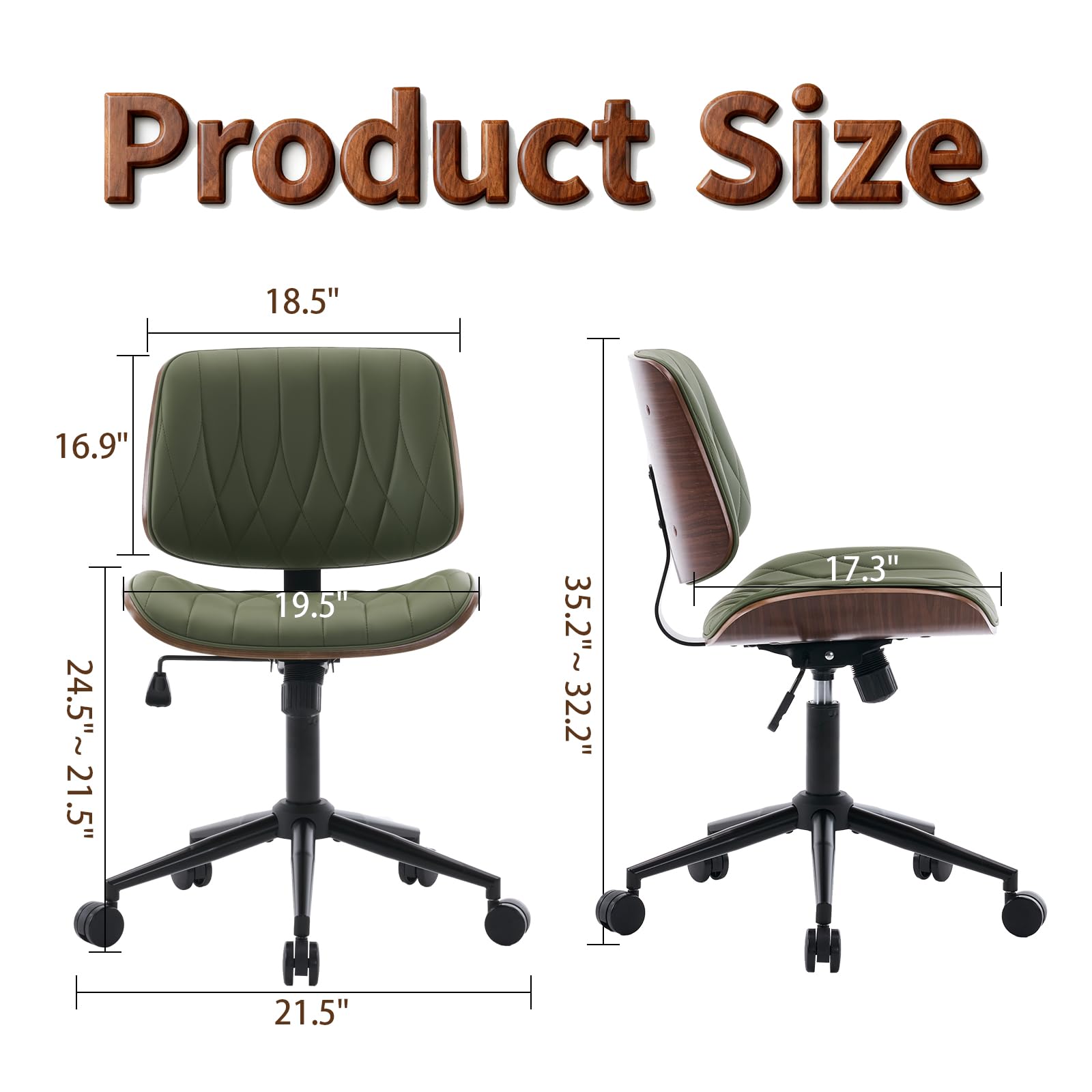 Armless Leather Desk Chair - Modern Office Chair no Arms, Vanity Chair, Mid Century PU Leather Task Chairs, Desk Chairs for Home Small Space, Dorm, Adjust Height Swivel with Wheels, Green