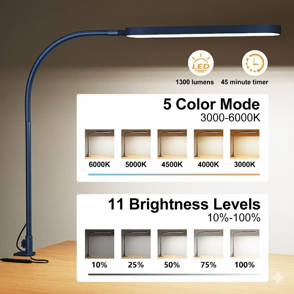 LED Desk Lamp - Desk Light for Office - Flexible Gooseneck - 5 Color Modes X 11 Brightness Levels - 1300LM - Timmer & Memory Function - 12W Clip on Light - Blue