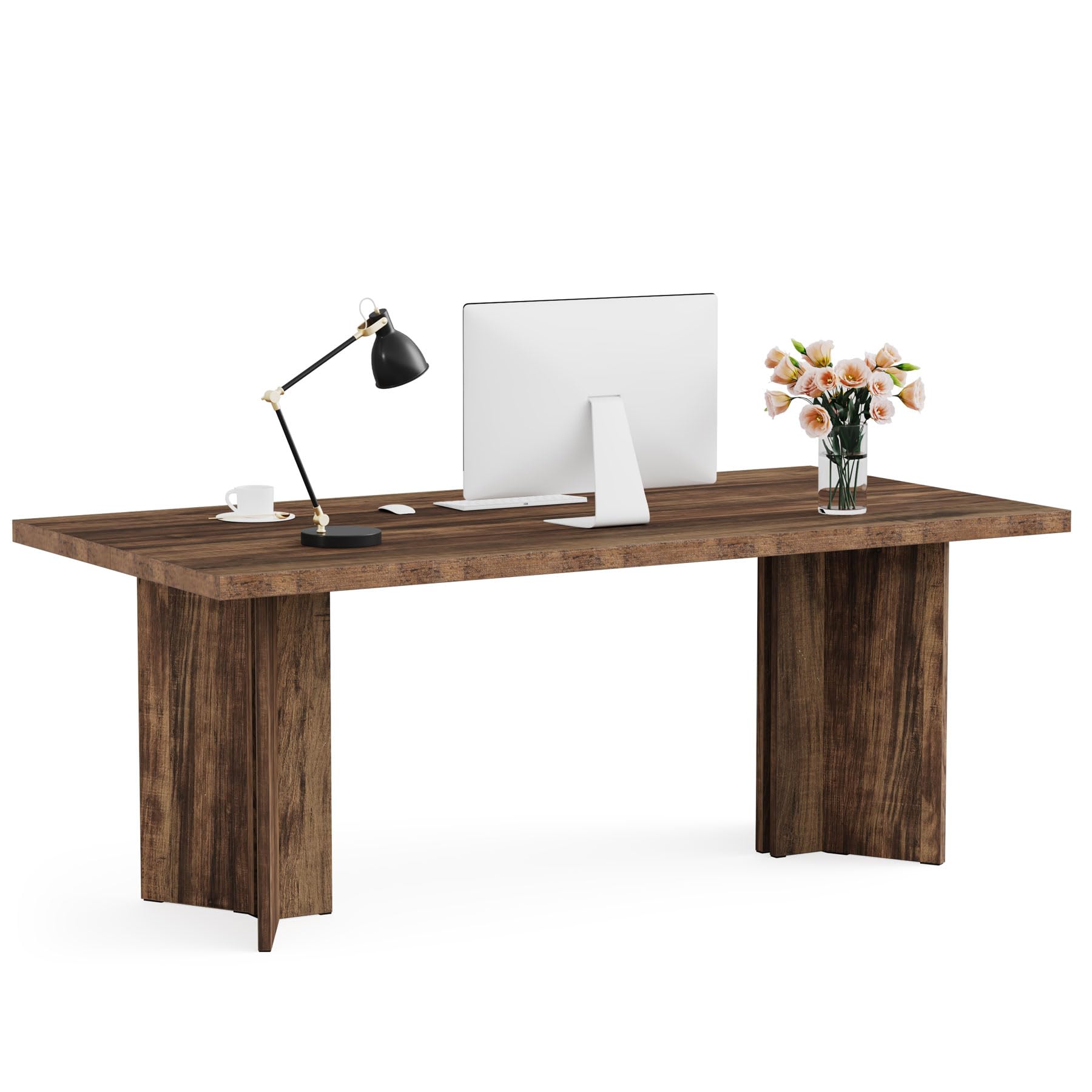 5.5FT Conference Table, 63-inch Rectangle Meeting Seminar Table, Large Wooden Business Tables for 4-6 People, Heavy Duty Pedestal (Dark Brown)