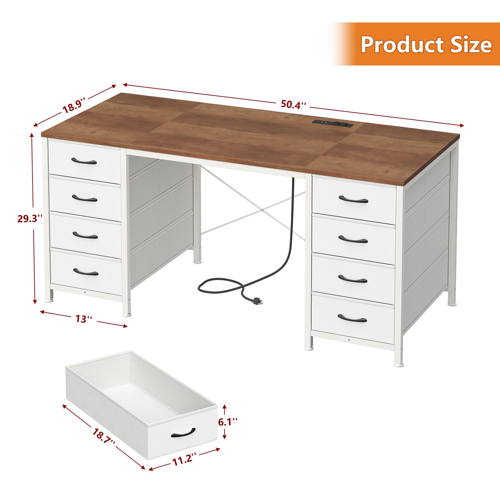 50 Inch Computer Desk with 8 Drawers, Home Office Desk with Power Outlets, Work Study Gaming Desk with 8 Fabric Drawers, Brown and White
