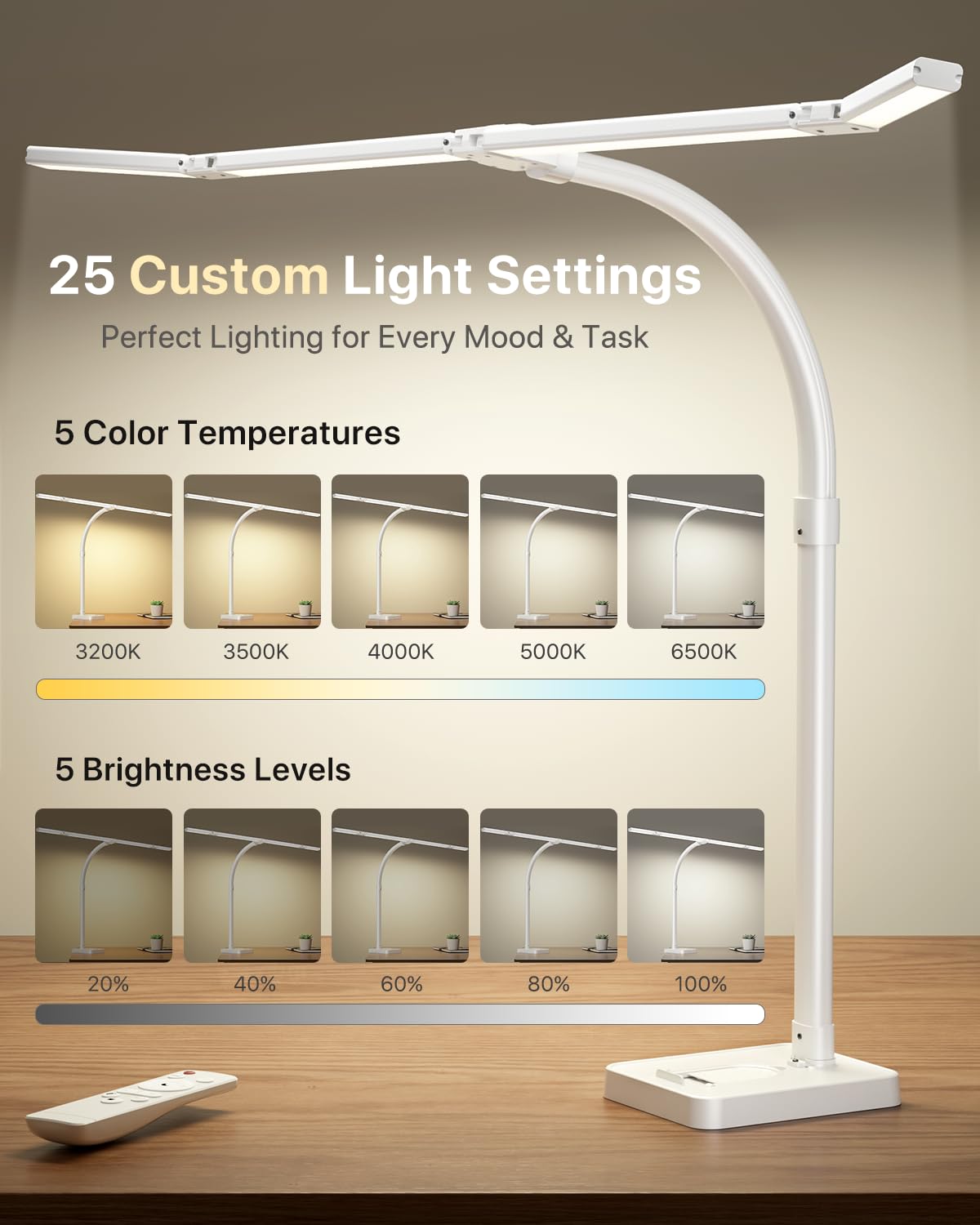 42" LED Desk Lamp for Home Office, Eye-Caring Desk Light with Adjustable 4-Segment Bar, 1800LM Bright, Remote, Architect Table Lamp with Base for Dual Monitors, Reading, Study, Workbench(White)
