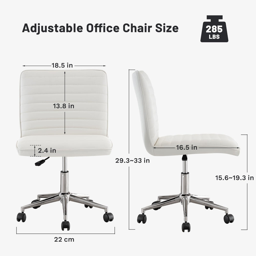 PU Leather Armless Office Chair - 360° Swivel Computer Desk Chair with Adjustable Height & Comfy Chrome Legs, Ivory White - Perfect for Home Office, Bedroom, Living Room & Vanity, Ivory White