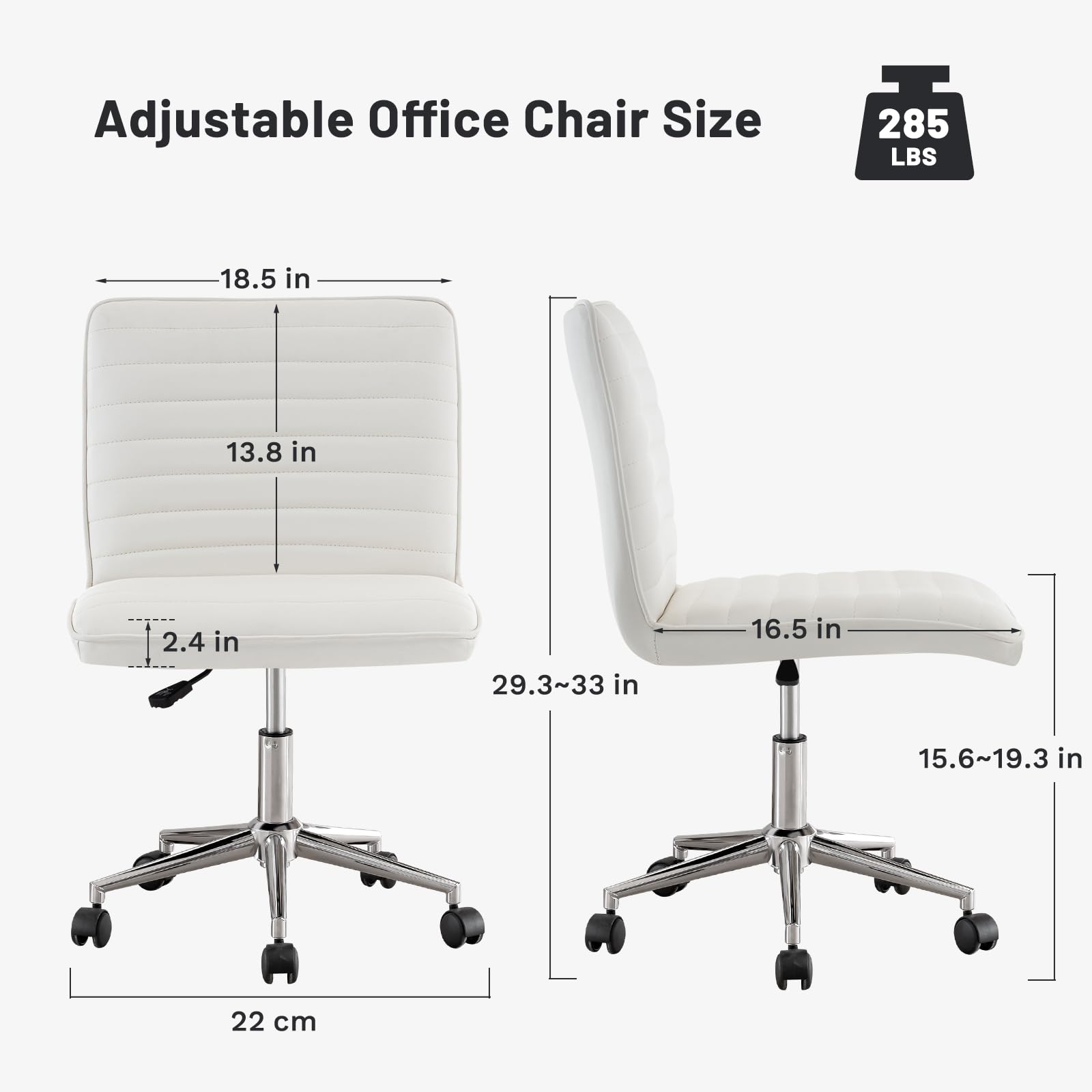 PU Leather Armless Office Chair - 360° Swivel Computer Desk Chair with Adjustable Height & Comfy Chrome Legs, Ivory White - Perfect for Home Office, Bedroom, Living Room & Vanity, Ivory White
