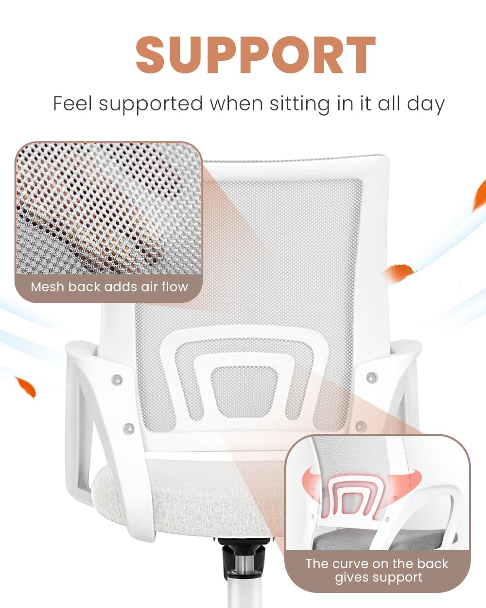 Office Desk Computer Chair Ergonomic Mesh Gaming Cushion Seat with Comfy Lumbar Mid Back Support Adjustable Height Swivel Rolling Wheels for Home Task (Ivory)