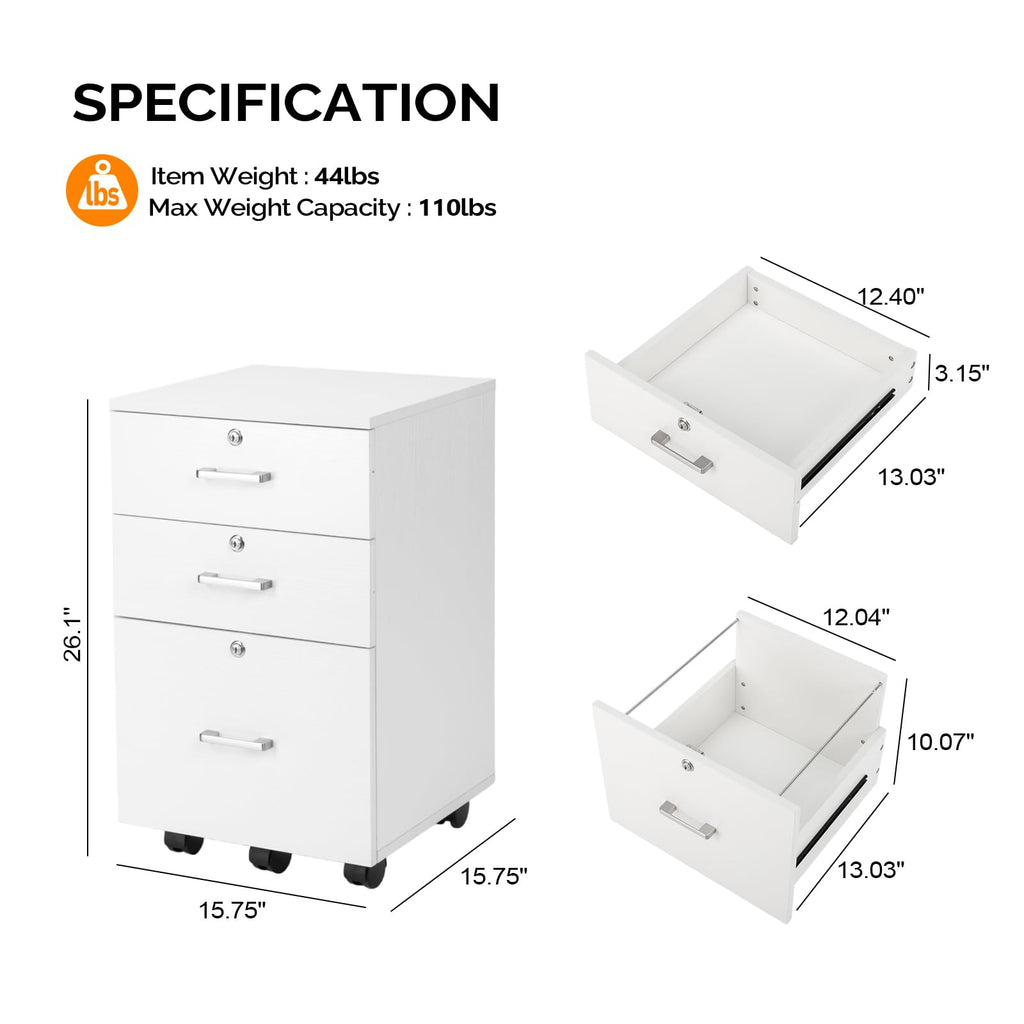 3-Drawer File Cabinet with Lock, Wood Rolling Filing Cabinets for Home Office, Mobile Printer Stand, Under Desk File Organizer for Letter Sized Files, 26" H(Caster Included), White