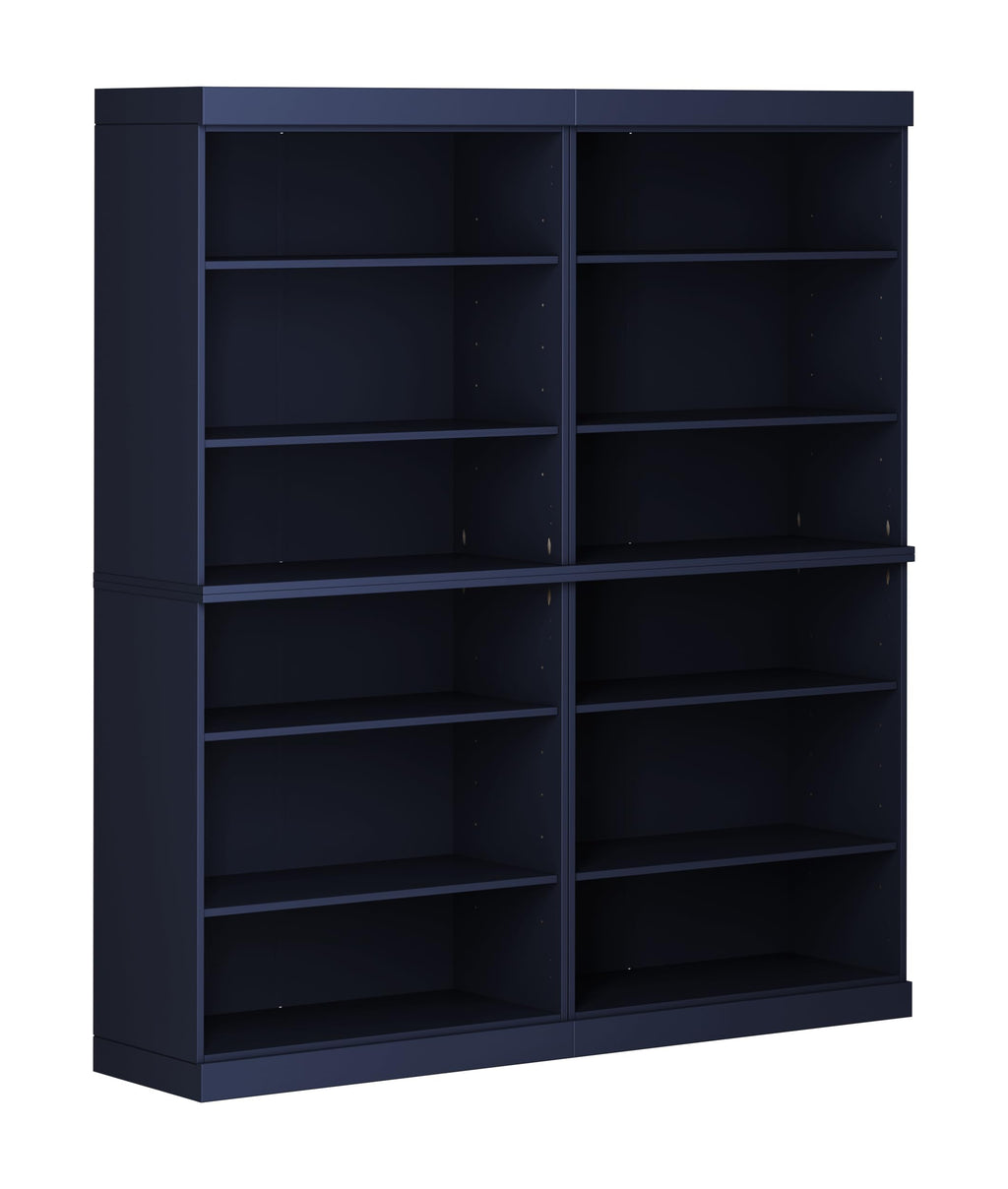 12-Shelf Bookcase, 100% Solid Brazilian Pine Wood, 64" Wide, 71.5" Tall, Navy Blue, Modern Style, Modular Stackable, Adjustable Shelves