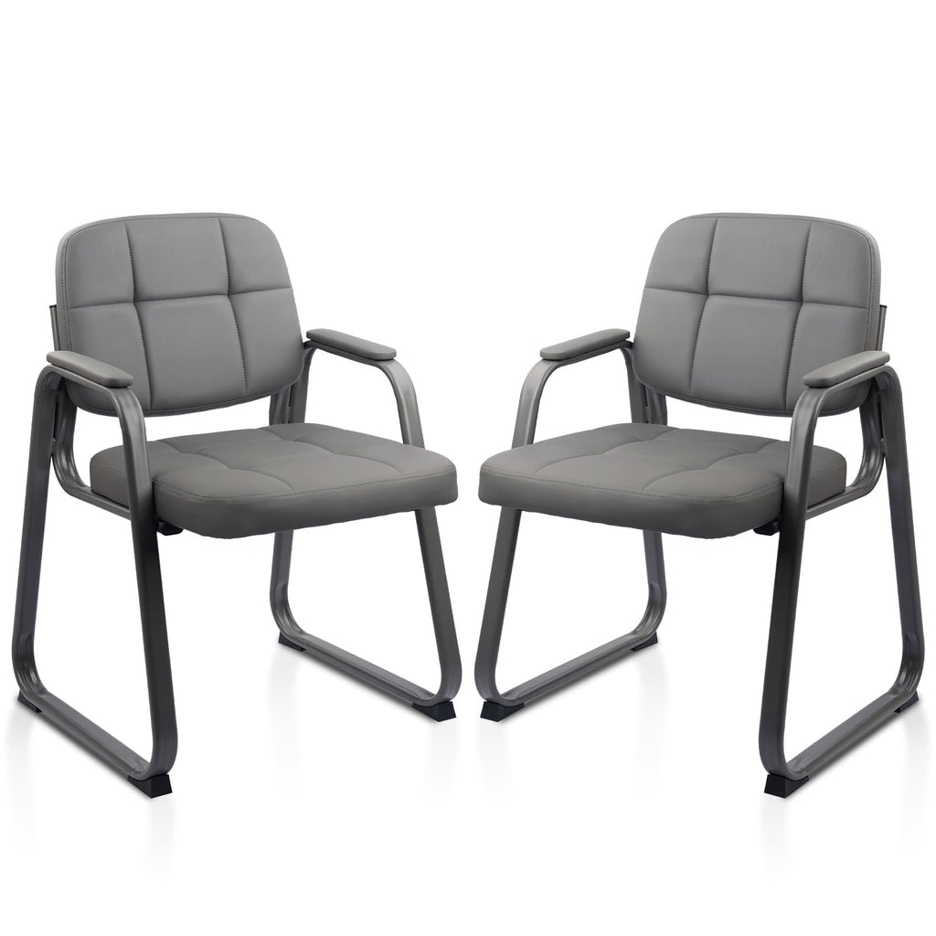 2 Pack, Waiting Room Guest Chair with Bonded Leather Padded Arm Rest for Office Reception and Conference Desk Black with Sled Base Grey