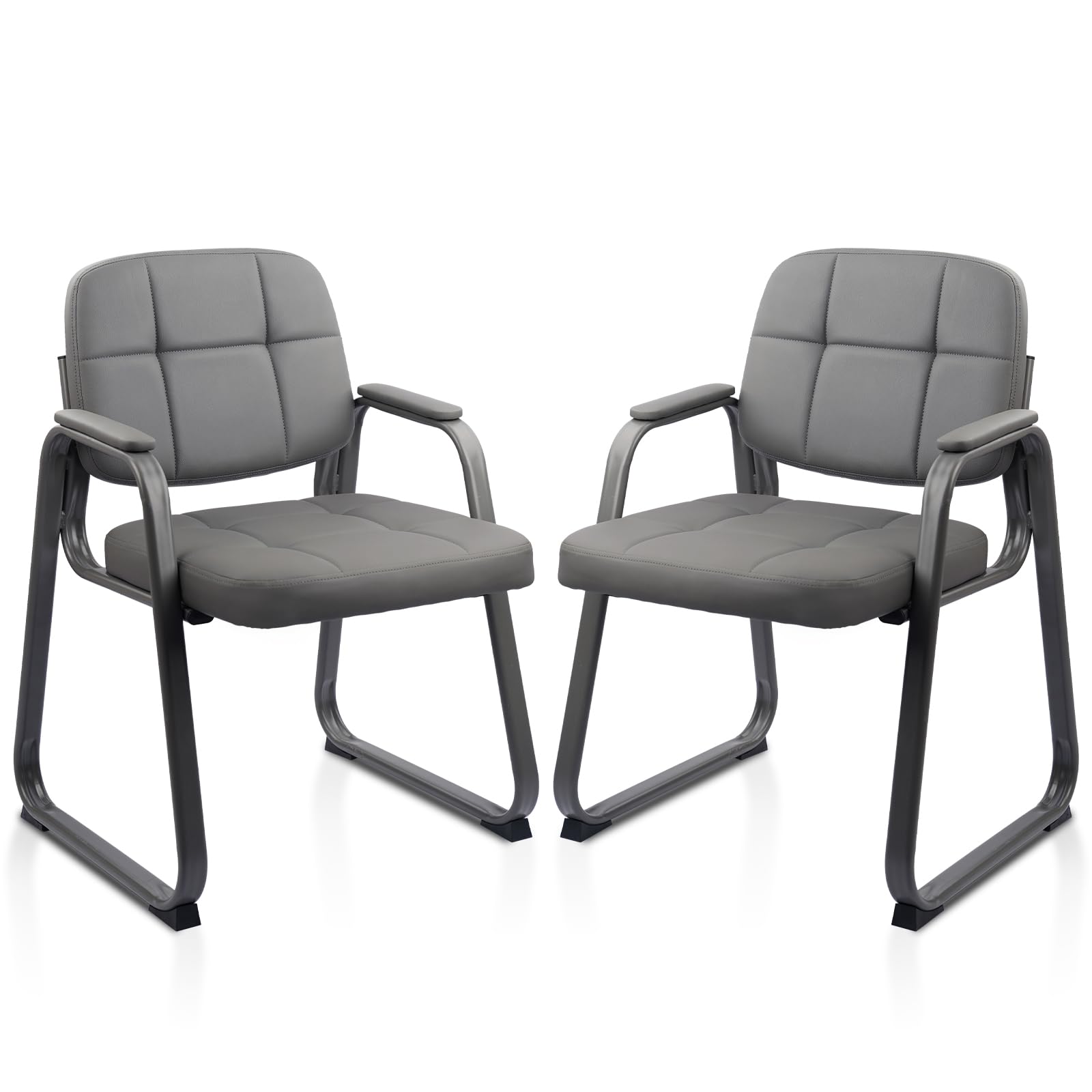 2 Pack, Waiting Room Guest Chair with Bonded Leather Padded Arm Rest for Office Reception and Conference Desk Black with Sled Base Grey