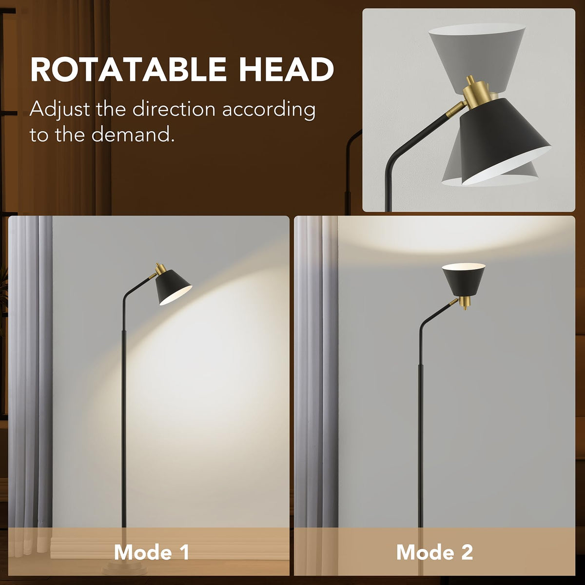 Upgraded Double-Base Black Floor Lamp, Adjustable Lamp Head-65.3"