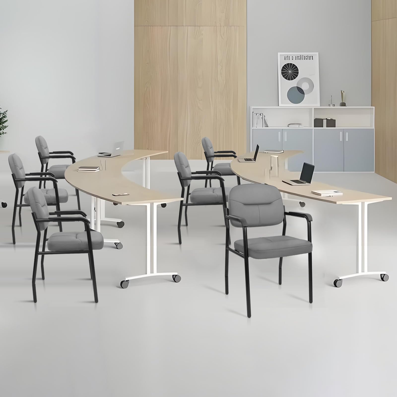 Leather Guest Chair Sets of 2, Office Reception Chair No Wheels with Armrests and Lumber Support, Ergonomic Desk Armchair for Meeting Waiting Conference Lobby Room, Grey
