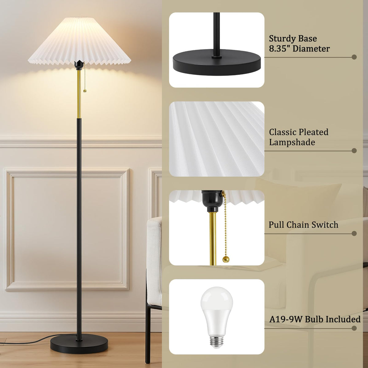 Floor Lamps for Living Room, 59.5" Pleated Modern Standing Lamp,Linen Shade