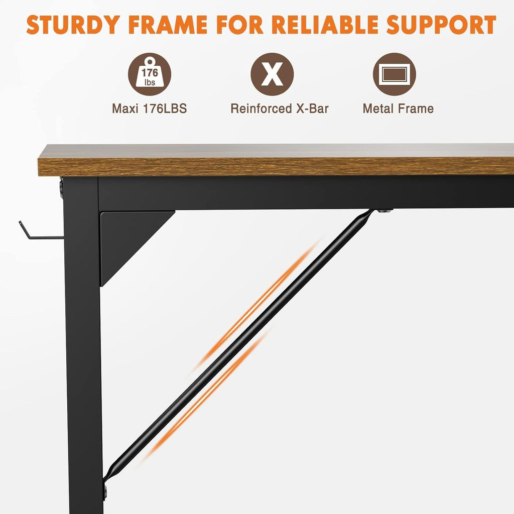 Computer Office Desk 55 Inch Student Study Writing Work with Metal Frame Wood Tabletop Modern Simple PC Home Bedroom Table, Rustic Brown, Compact Sturdy Desk for Laptop, Study, Gaming