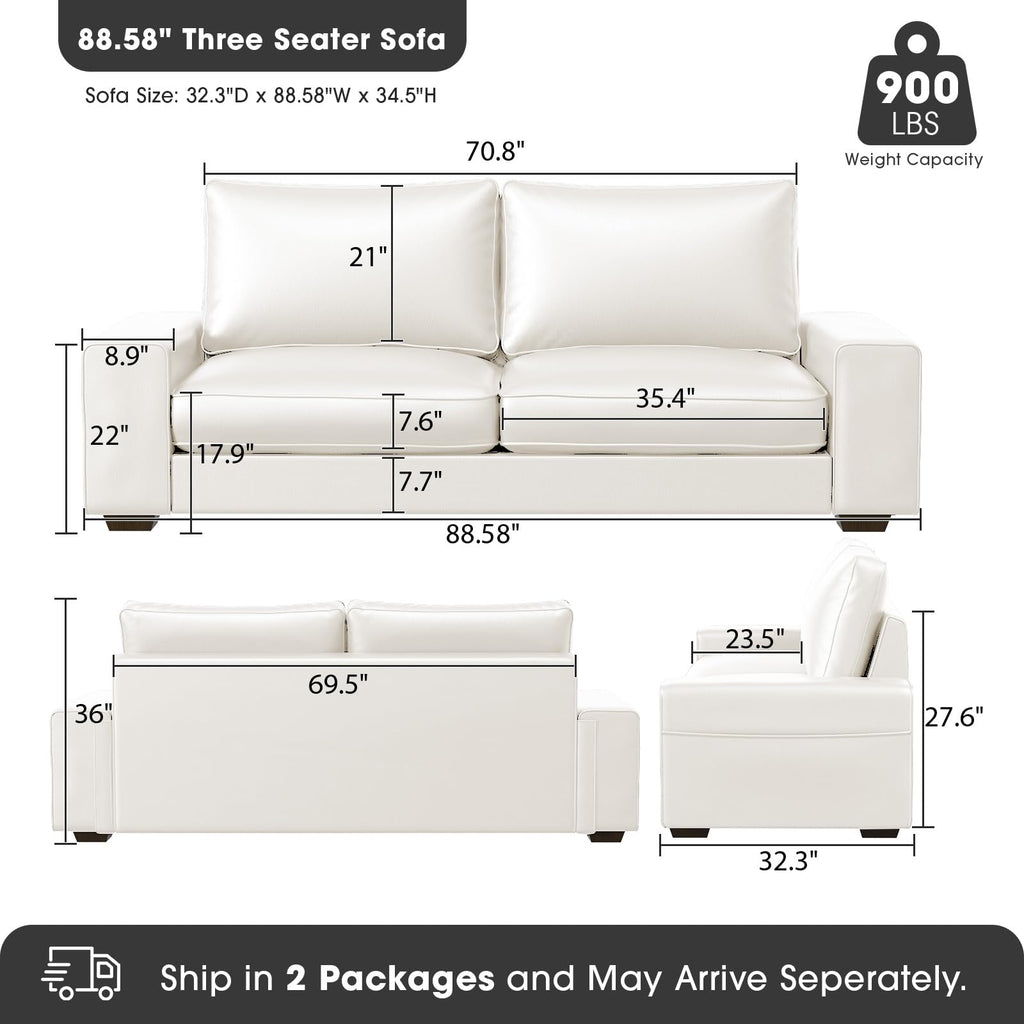 Faux Leather Couch, Mid Century Modern Comfy Loveseat Sofa with Wide Arm, Side Pockets, Solid Wooden Frame for Office, Living Room and Bedroom, 3 Seater (White, 88.58 inches)