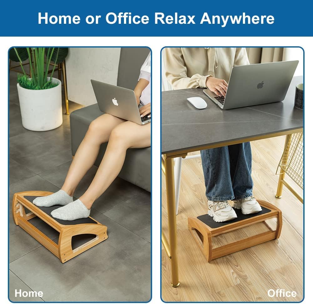 Ergonomic Under Desk Footrest, 3 Adjustable Heights Wooden Office Footrest, Large Anti-Slip Surface, Improves Posture and Blood Circulation, up to 400lbs (Black)