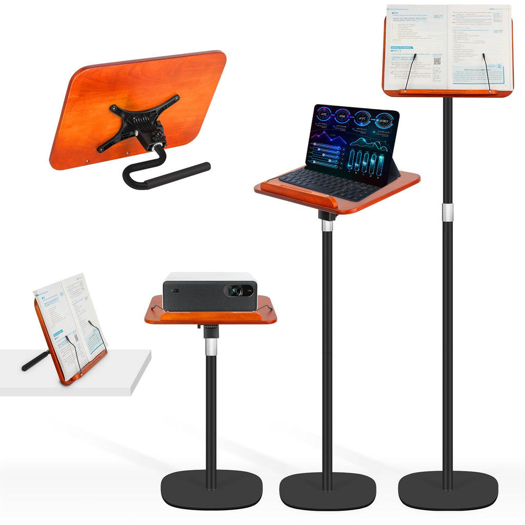 2-in-1 Floor Standing Book Stand, Foldable Book Holder for Reading with Page Clips, 19"–51" Height Adjustable, Sturdy Podium Stand for Reading, Bible, Laptop, Cookbooks, or Projector，Black