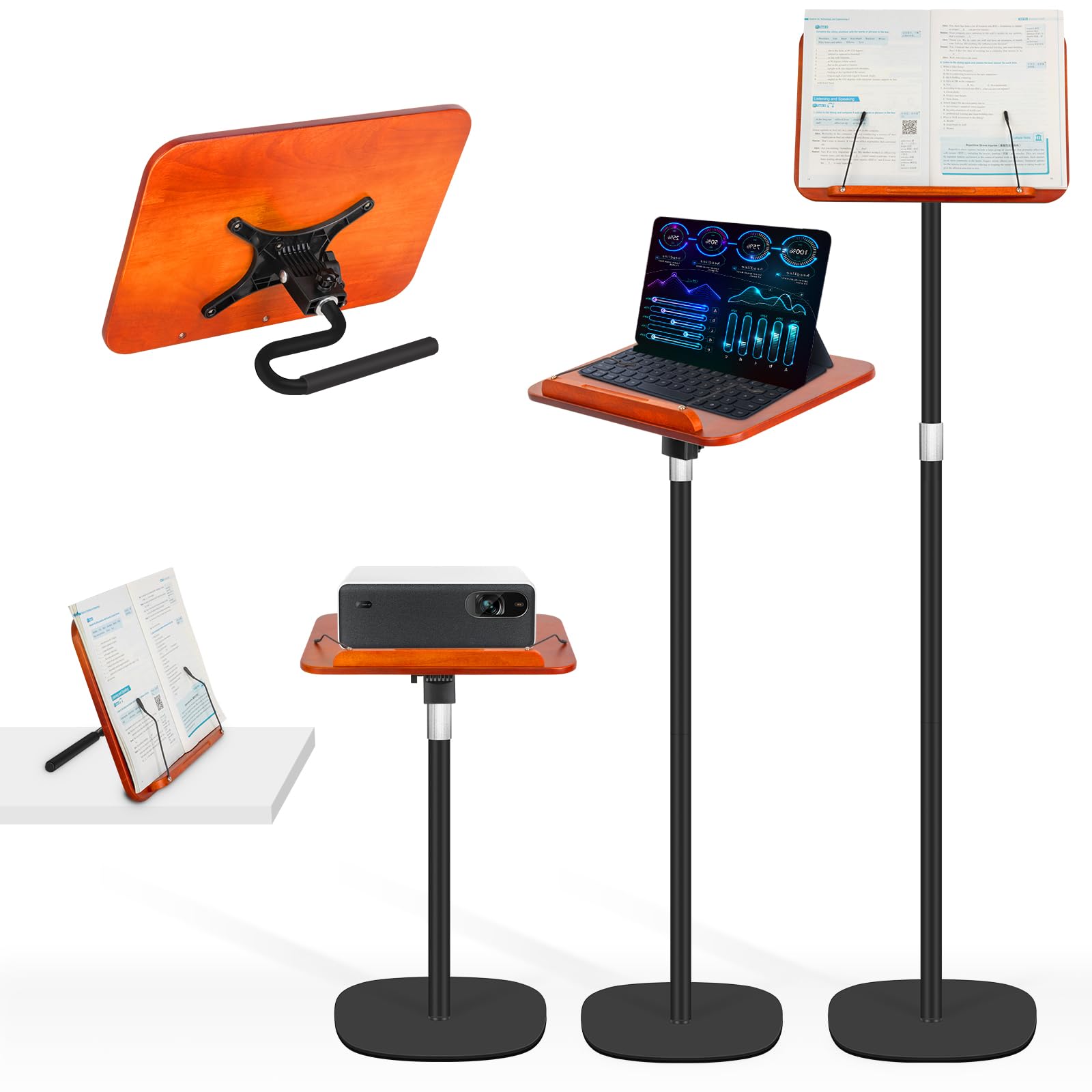 2-in-1 Floor Standing Book Stand, Foldable Book Holder for Reading with Page Clips, 19"–51" Height Adjustable, Sturdy Podium Stand for Reading, Bible, Laptop, Cookbooks, or Projector，Black