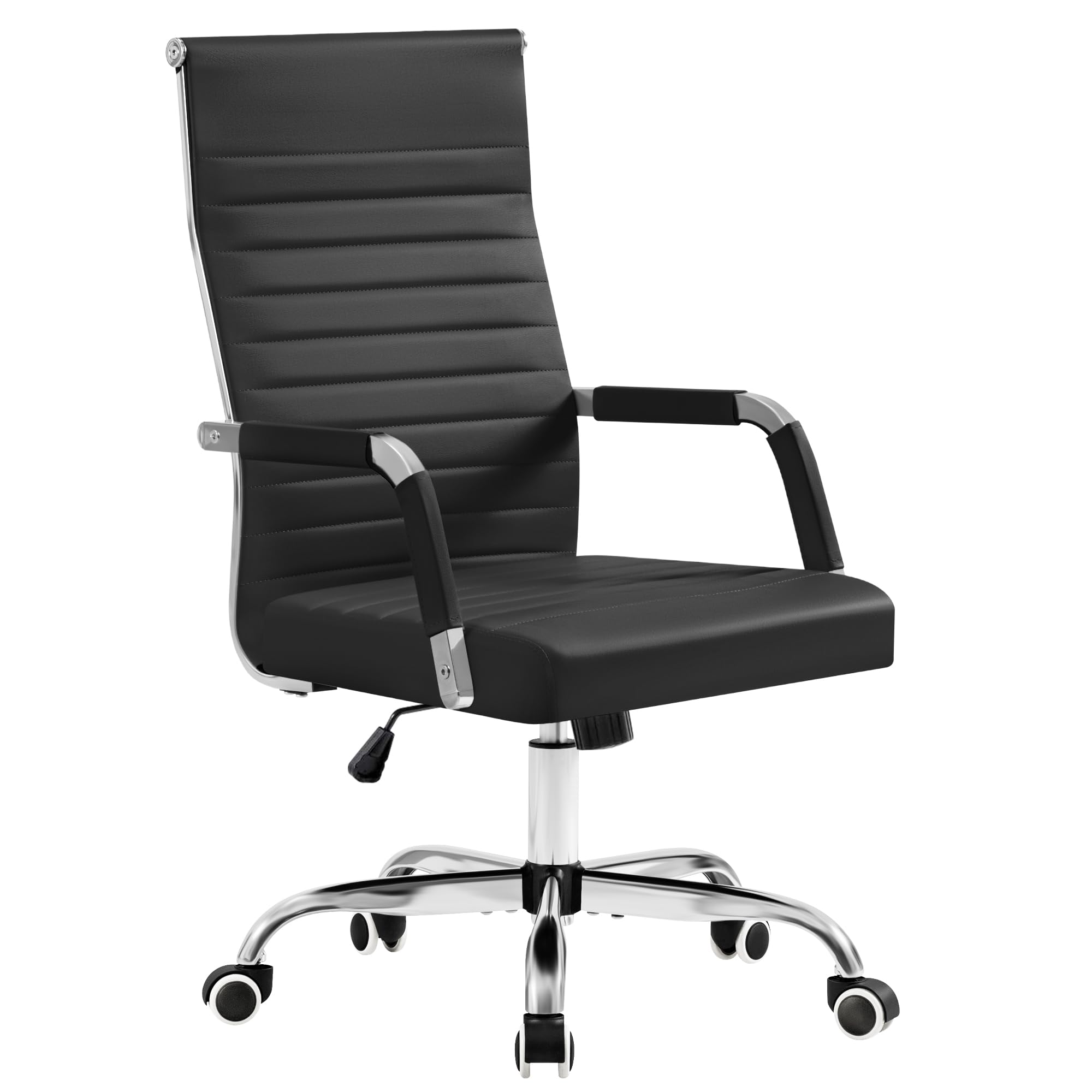Ergonomic Office Desk Chair, Executive Ribbed Mid-Back PU Leather Conference Room Chair Adjustable Swivel Chair with Arms (1, Black)