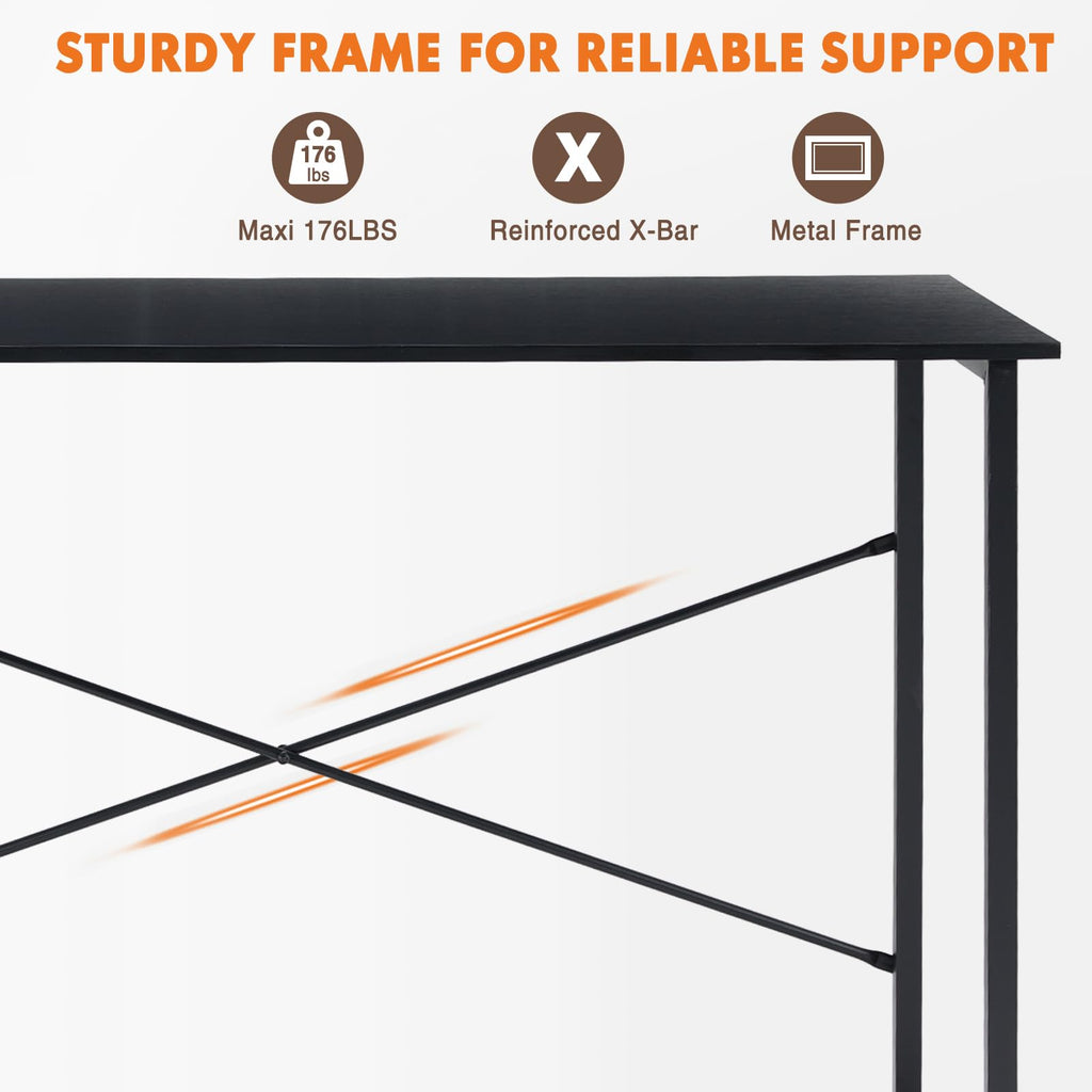 Computer Office Desk 48 Inch Student Study Writing Work with Metal Frame Wood Tabletop Modern Simple PC Home Bedroom Table - Basic Black, Compact Sturdy Desk for Laptop, Study, Gaming