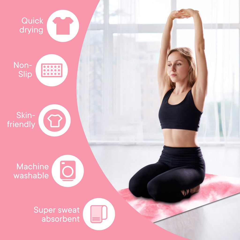 Yoga Towels, Non Slip Hot Yoga Mat Towel with Grip Dots,Super-Absorbent Soft Microfiber Yoga Blanket for Pilates, Fitness and Workout 72inch x 24inch (Pink+White)