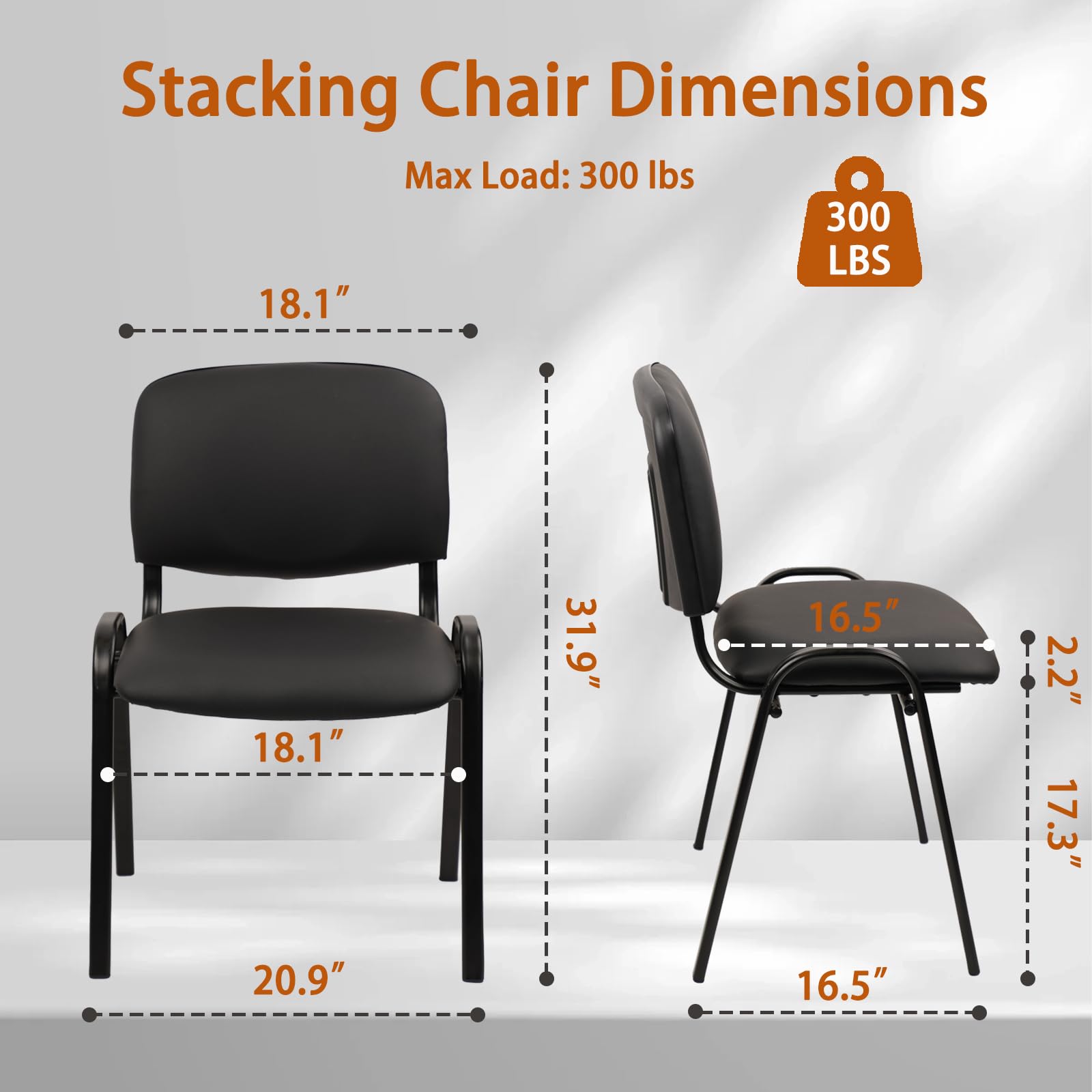 Stacking Waiting Room Chairs, PU Leather Armless Office Guest Chair with Metal Frames, Stackable Conference Room Chairs No Wheels for Reception Lobby Side Meeting Training School, Black