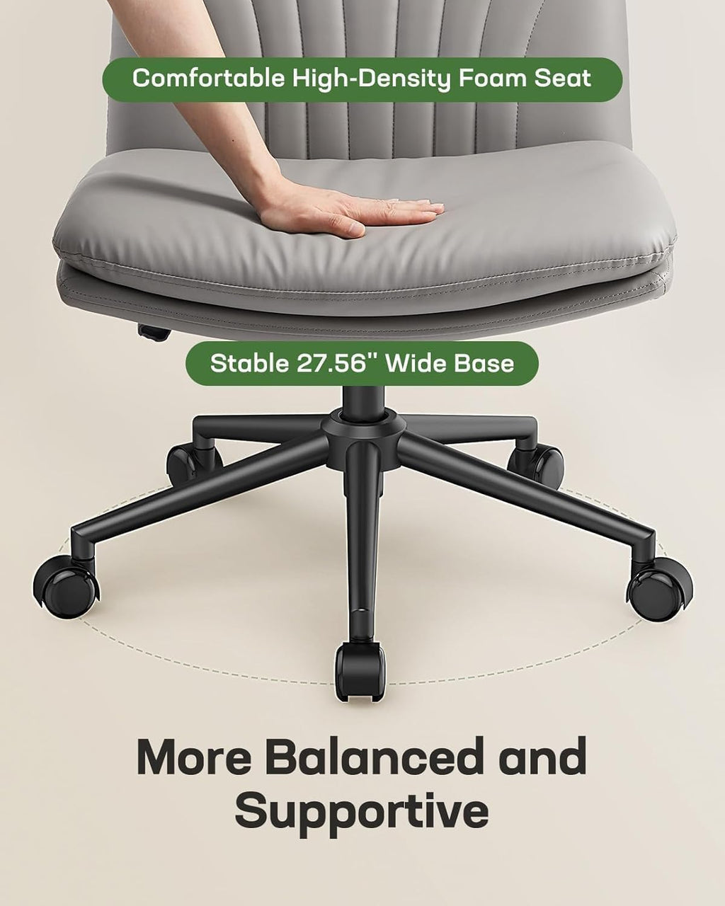 Criss Cross Office Chair with Wheels, Armless Wide Desk Chair for Active Sitting, PU Leather Cross Legged Chair for Home Office, Pet-Friendly & Easy Clean, Grey