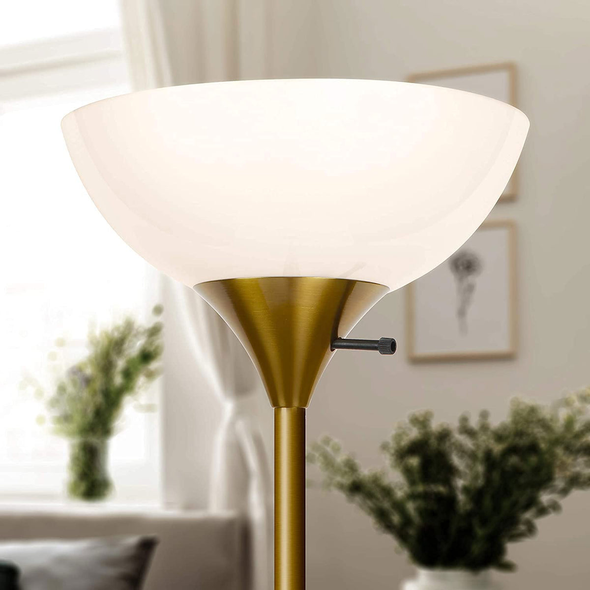 Sky Dome Dimmable LED Floor Lamp, Torchiere Floor Lamp for Living Room, Bedroom, & Office – Tall Torch Standing Lamp for Reading, Modern Home Decor – Brass/Gold