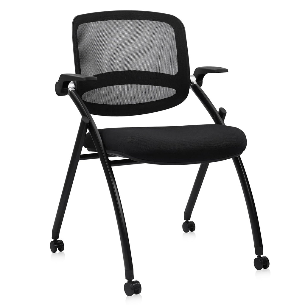 Stackable & Foldable Chairs with Flip Up Armrests, Reception Guest Chairs with Wheels, Ergonomic Curved Mesh Back Folding Chair for Office Meeting Schools Conference Waiting Room, Black