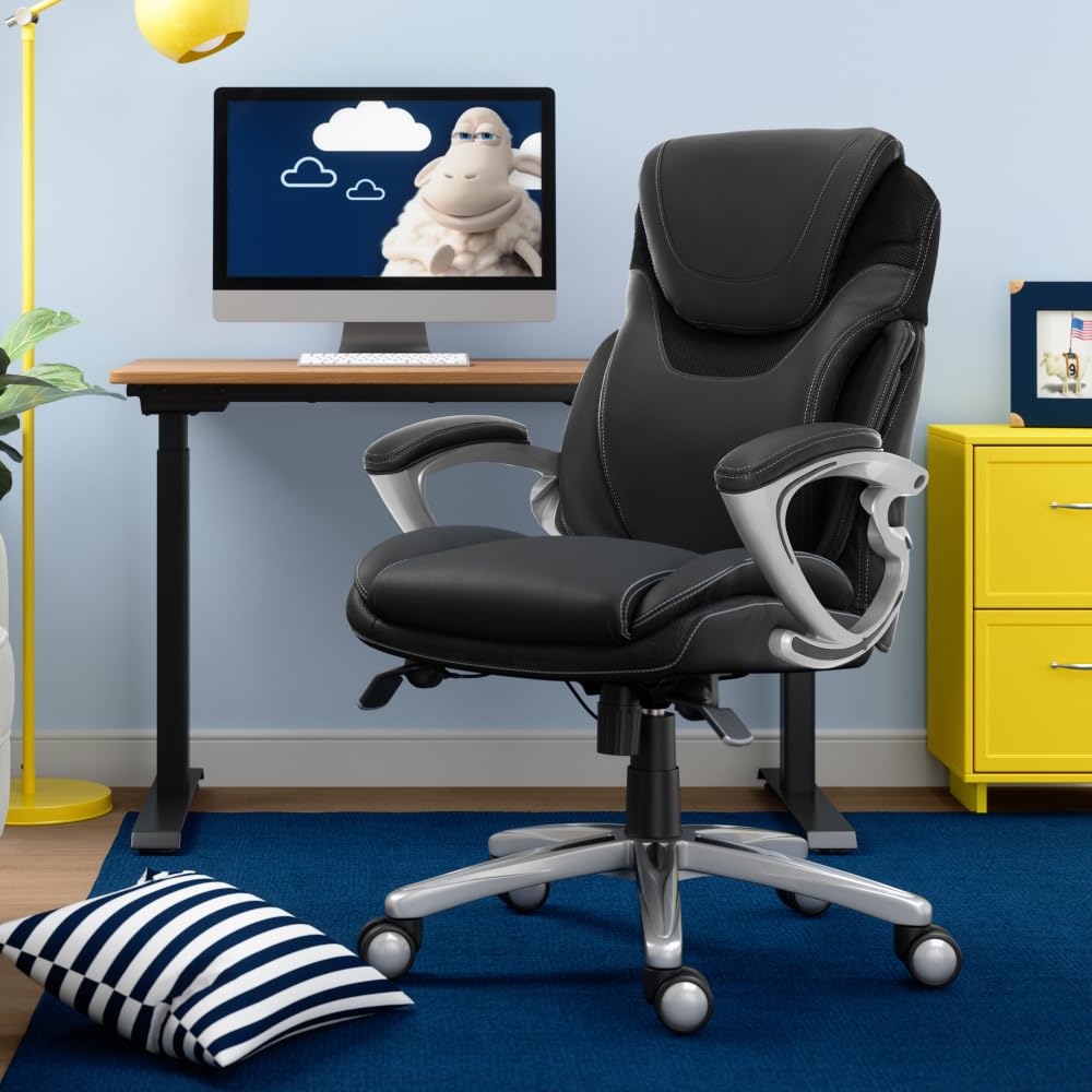 Executive Office Chair, Ergonomic Computer Desk Chairs with Patented AIR Lumbar Support, Comfy Body Pillows, Height Adjustable, Swivel Base with Wheels, Bonded Leather, Black