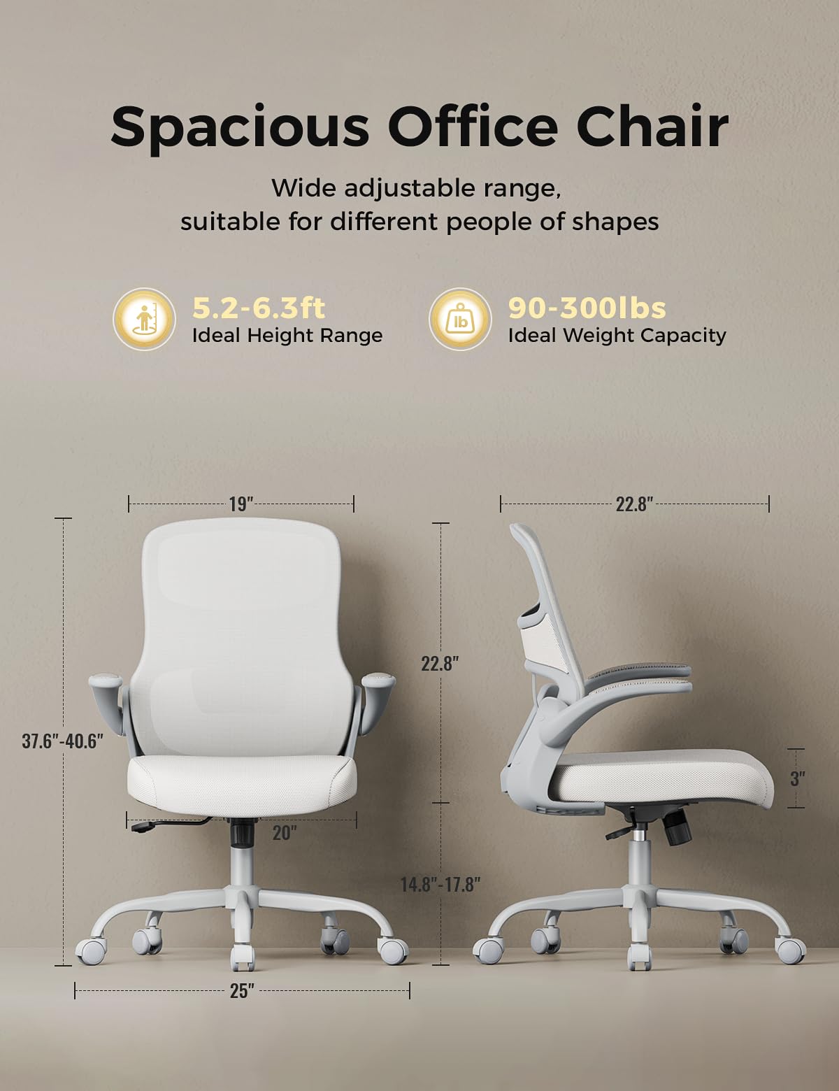 Office Chair, Mesh Ergonomic Desk Chairs, Comfy Computer Gaming Chair with Adjustable Height & Flip-up Armrest, Lumbar Support & Swivel Function for Home Office (Gray)