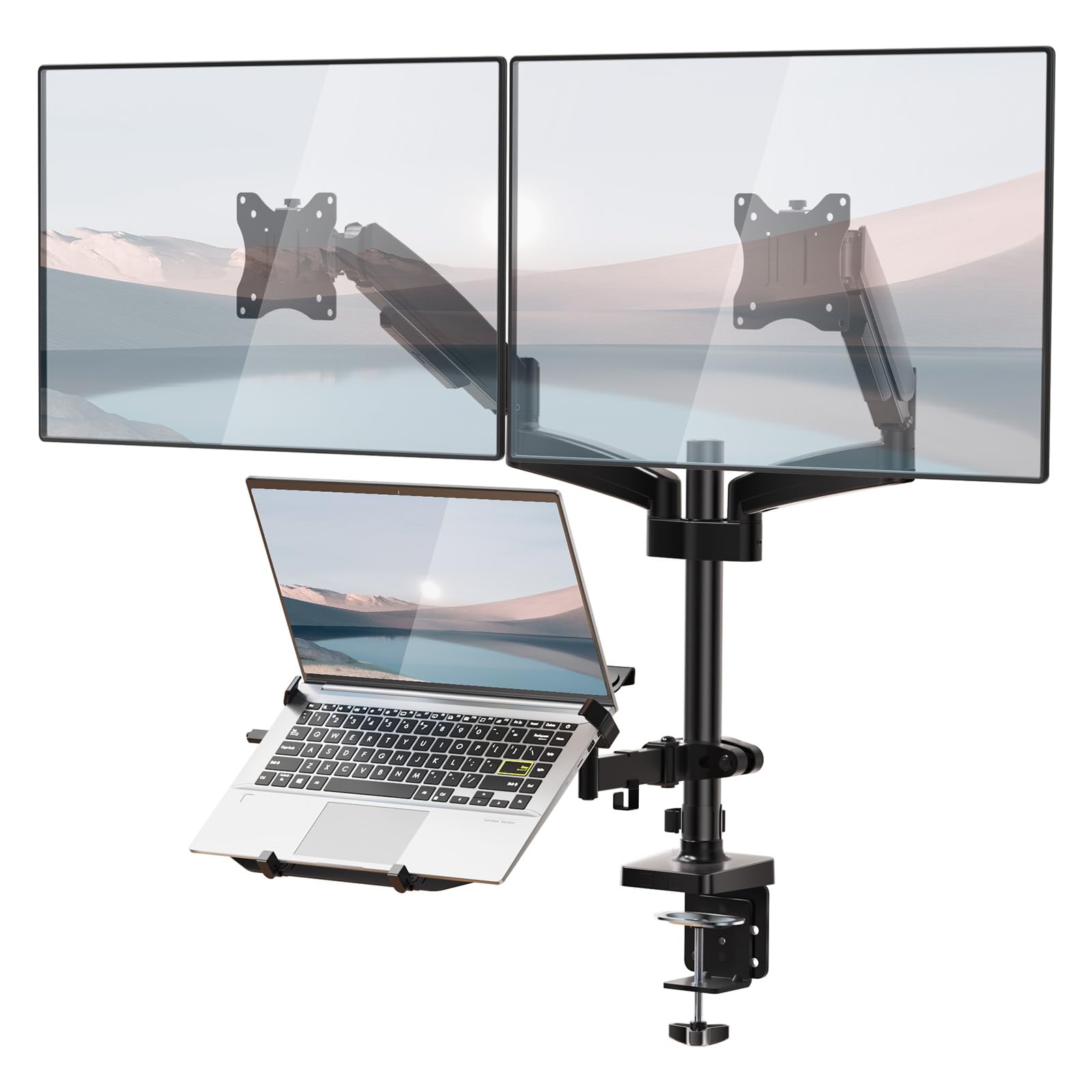 Triple Arm Laptop and Dual Monitor Desk Mount for 17" Notebook and Up to 32" Screens, Adjustable Monitor Arms with Tilt Swivel Rotation, VESA 75x75 100x100, Black