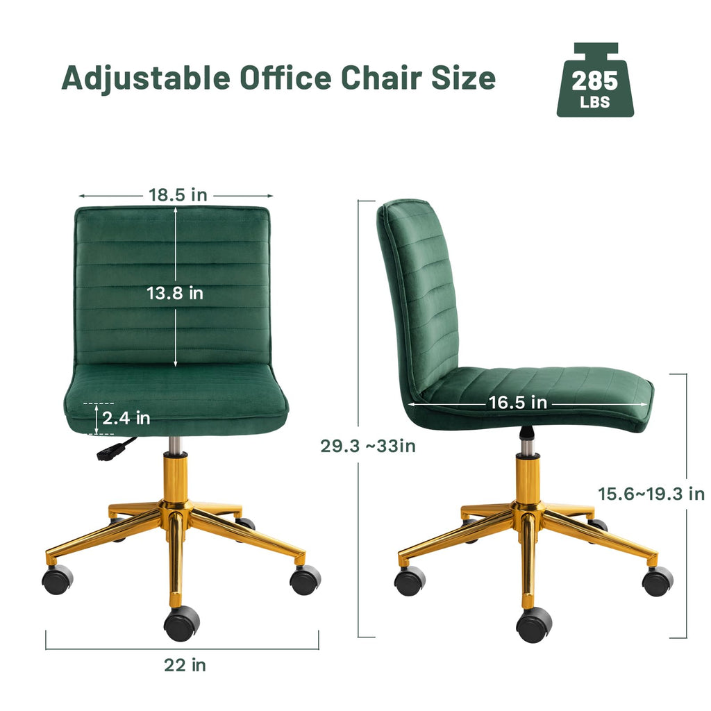 Armless Vanity Chair with Wheels, Computer Rolling Desk Chair with Back Soft Velvet Fabic Height Adjustable Gold Metal Base Swivel Stool Chairs,DarkGreen