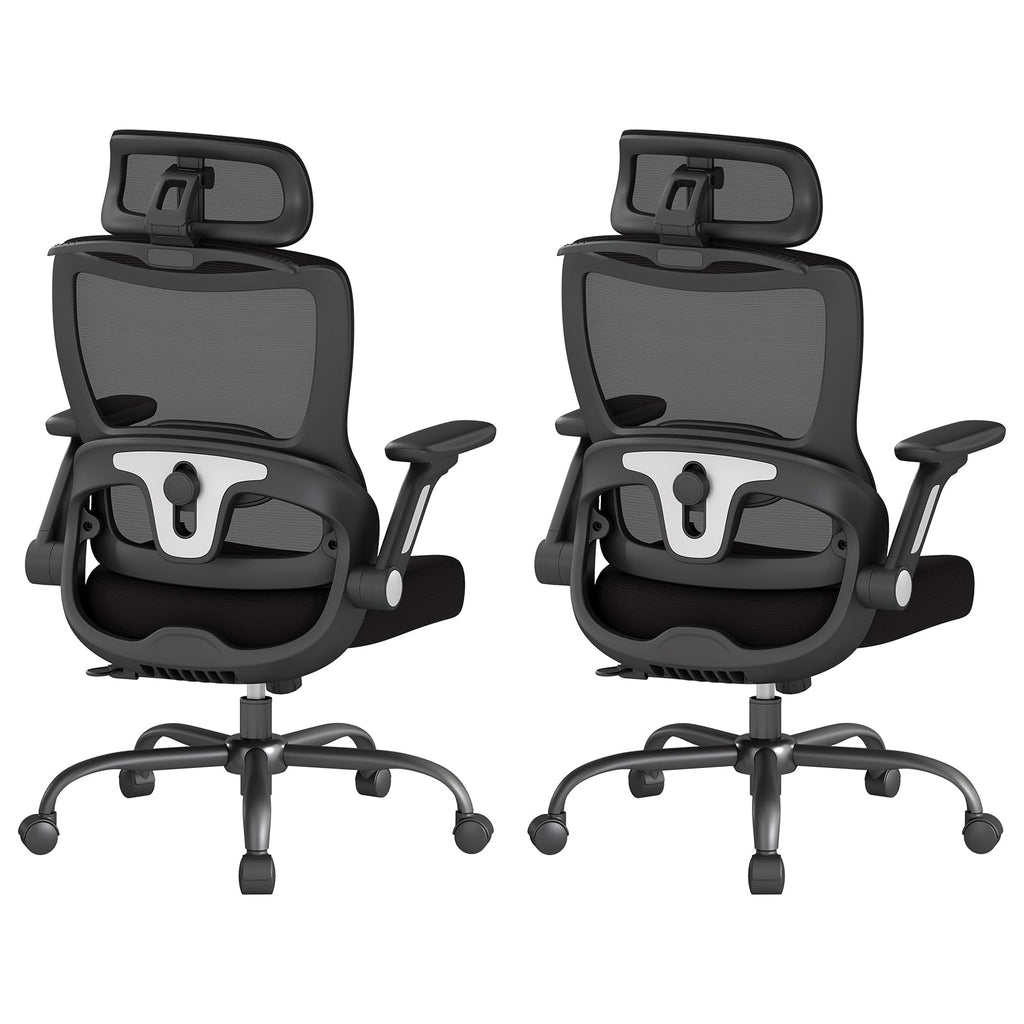 Ergonomic Office Chair, Home Computer Chair with 3D Adjustable Headrest and 4D Flip-Up Armrests, Adjustable Lumbar Support, Suitable for Office and Study, 2PC, Black
