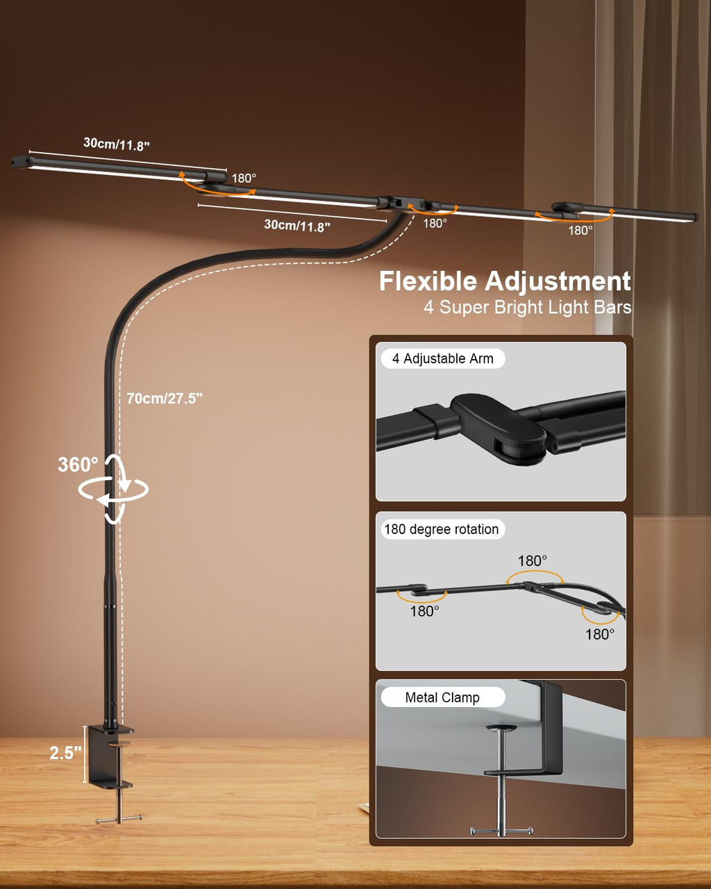 Desk Lamp Clamp Light 24W, Ultra Wide 4 Head Bars, 5 Color Modes Dimming, Multi-Screen Setup for Office, Architect, Black, Aluminum, Adapter Included