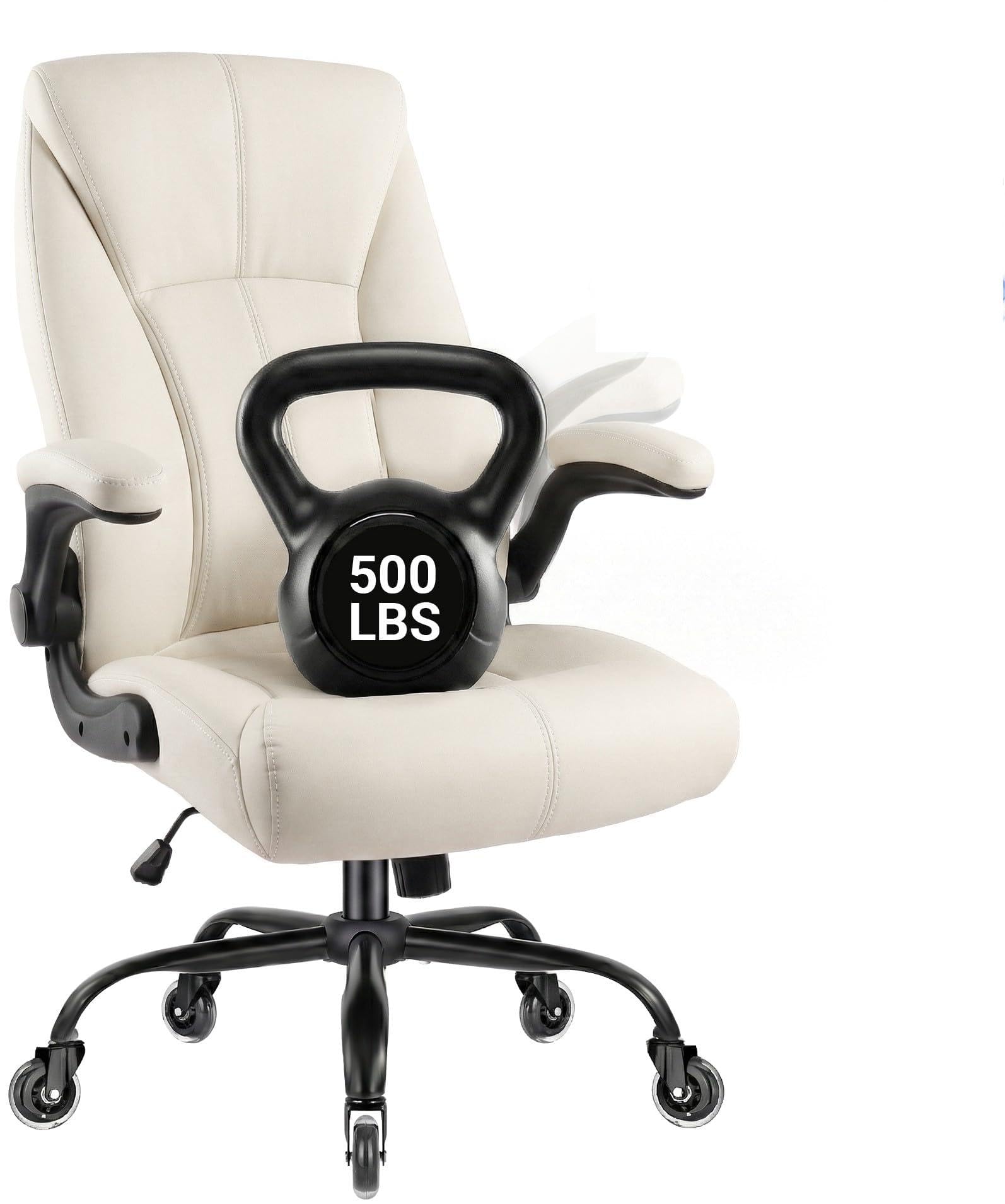 Big and Tall Office Chair for Heavy People, 500LBS High Back Extra Wide Executive PU Leather Office Chair with Flip-Up Armrests, Quiet Rubber Wheels, Comfortable Home Office Desk Chair (White)