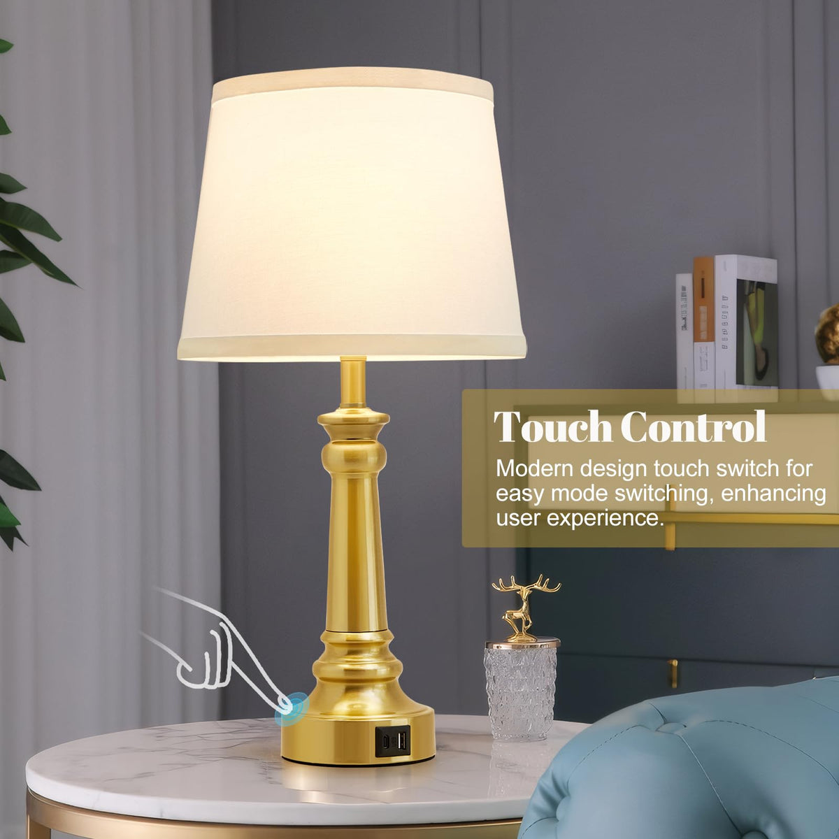 Touch Lamps for Nightstand Set of 2 - Gold Table Lamp for Bedroom Dimmable Bedside Lamps with USB C+A Ports - Lamps for Night Stands Living Room End Table,2 LED Bulbs Included