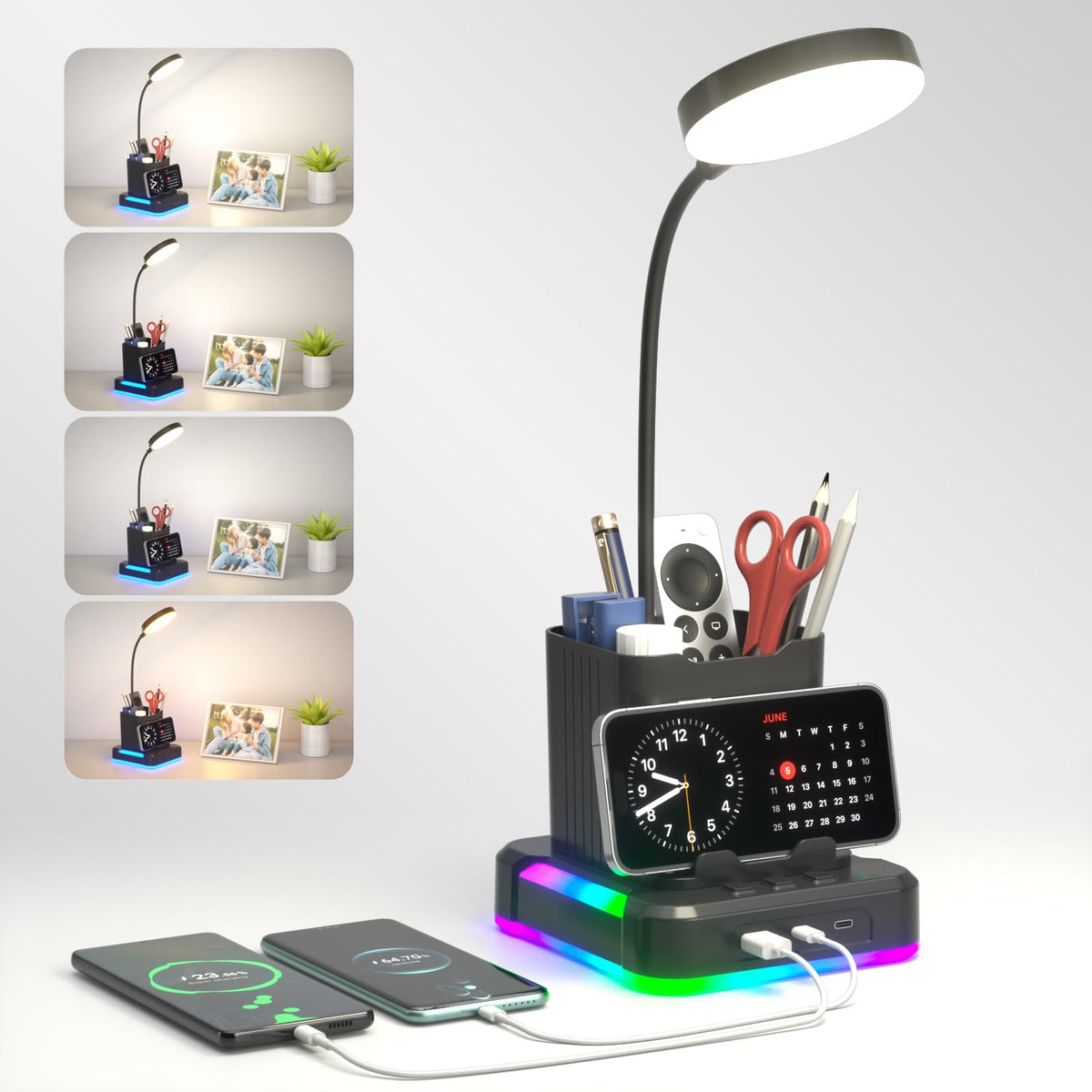 5 in 1 Desk Lamp with Charging Ports, 9 RGB Modes Gaming Table Light