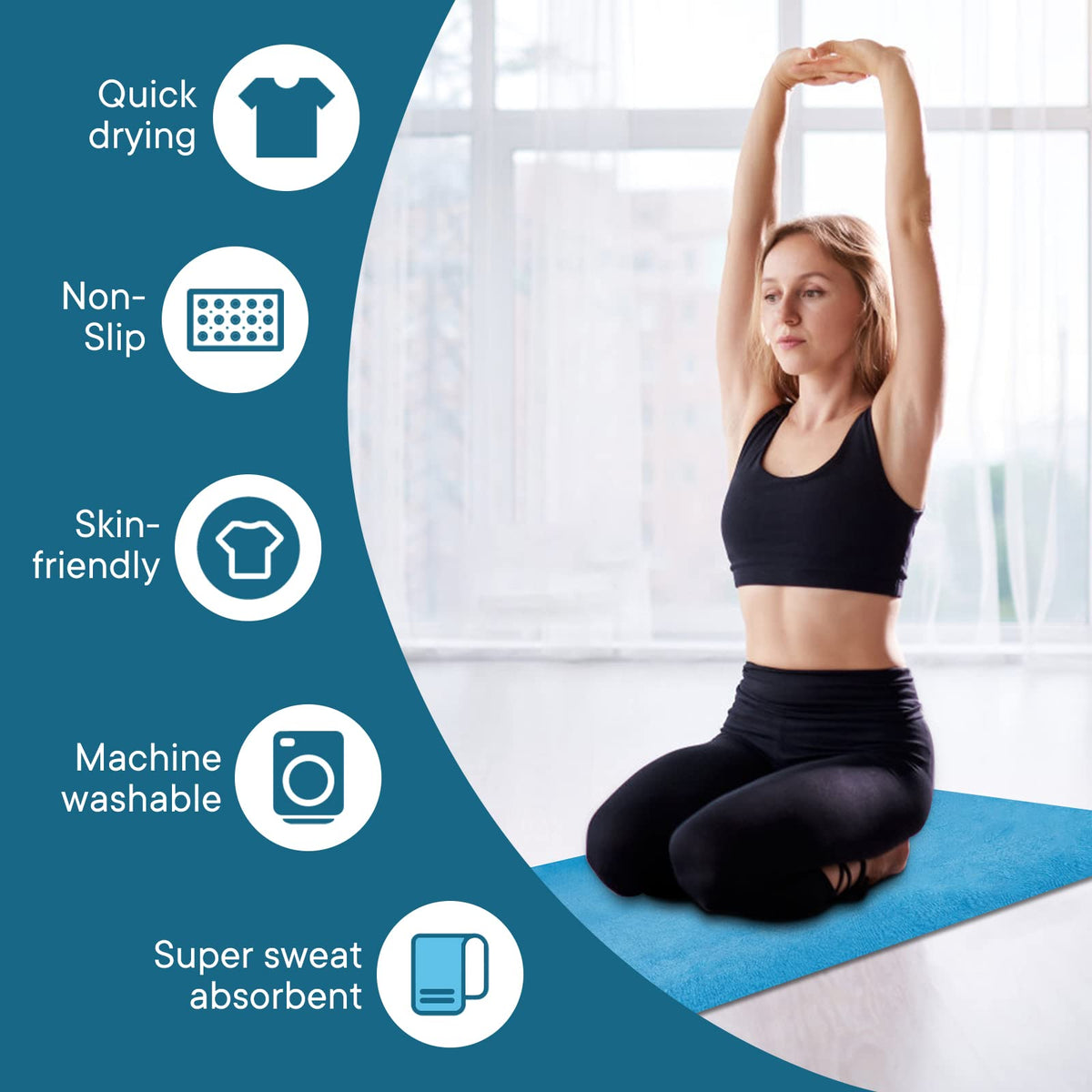 Yoga Towels, Non Slip Hot Yoga Mat Towel with Grip Dots,Super-Absorbent Soft Microfiber Yoga Blanket for Pilates, Fitness and Workout 72inch x 24inch (Blue)